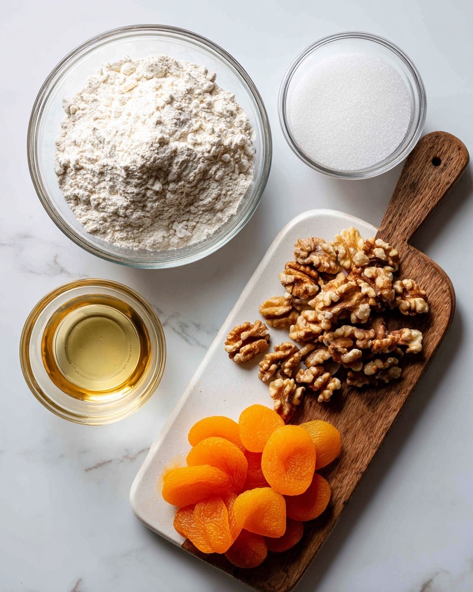 The image shows several baking ingredients arranged on a white marbled surface. On the left, there is a clear glass bowl filled halfway with white flour. In front of it, there is a short clear glass containing a light golden liquid, likely oil or syrup. To the right, a small white wooden board holds a pile of brown and light beige spices, a heap of golden brown walnuts, and three bright orange dried apricot pieces. Next to the board, there is a clear glass filled with white granulated sugar. The background is plain white giving a clean look. Photo taken with an iphone --ar 4:5 --v 7