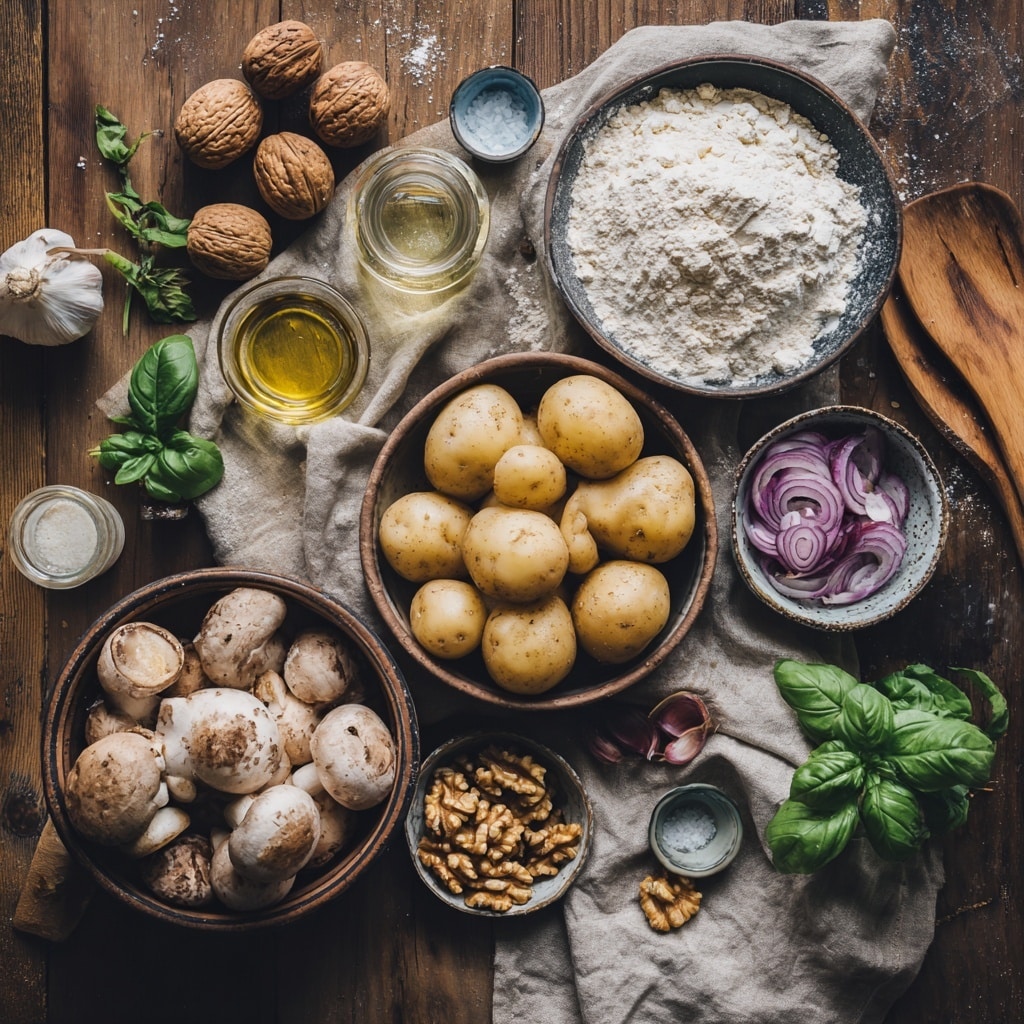 The dish shows a single layer of small, round yellow gnocchi scattered across the center of a smooth white plate, with a mix of sautéed brown mushroom slices layered over and around the gnocchi, giving a mix of light yellow and deep brown colors. Small green rosemary sprigs are placed on top, adding a touch of green to the arrangement. The gnocchi have a soft, slightly bumpy texture, while the mushrooms are glossy and tender. The plate rests on a white marbled surface, and there are tiny grains of coarse salt sprinkled lightly over the dish. photo taken with an iphone --ar 4:5 --v 7