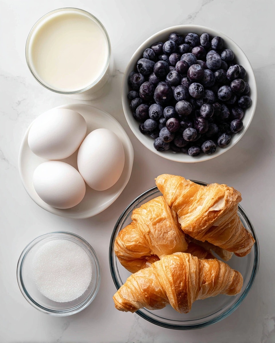 The image shows a collection of ingredients arranged on a white marbled surface: a clear glass dish filled with golden brown croissant pieces with a flaky texture, a white bowl full of dark purple blueberries, two white eggs, a small clear glass bowl filled with fine white granulated sugar, and a white bowl containing creamy white milk. All the items are spaced out evenly, creating a neat and clean layout. photo taken with an iphone --ar 4:5 --v 7