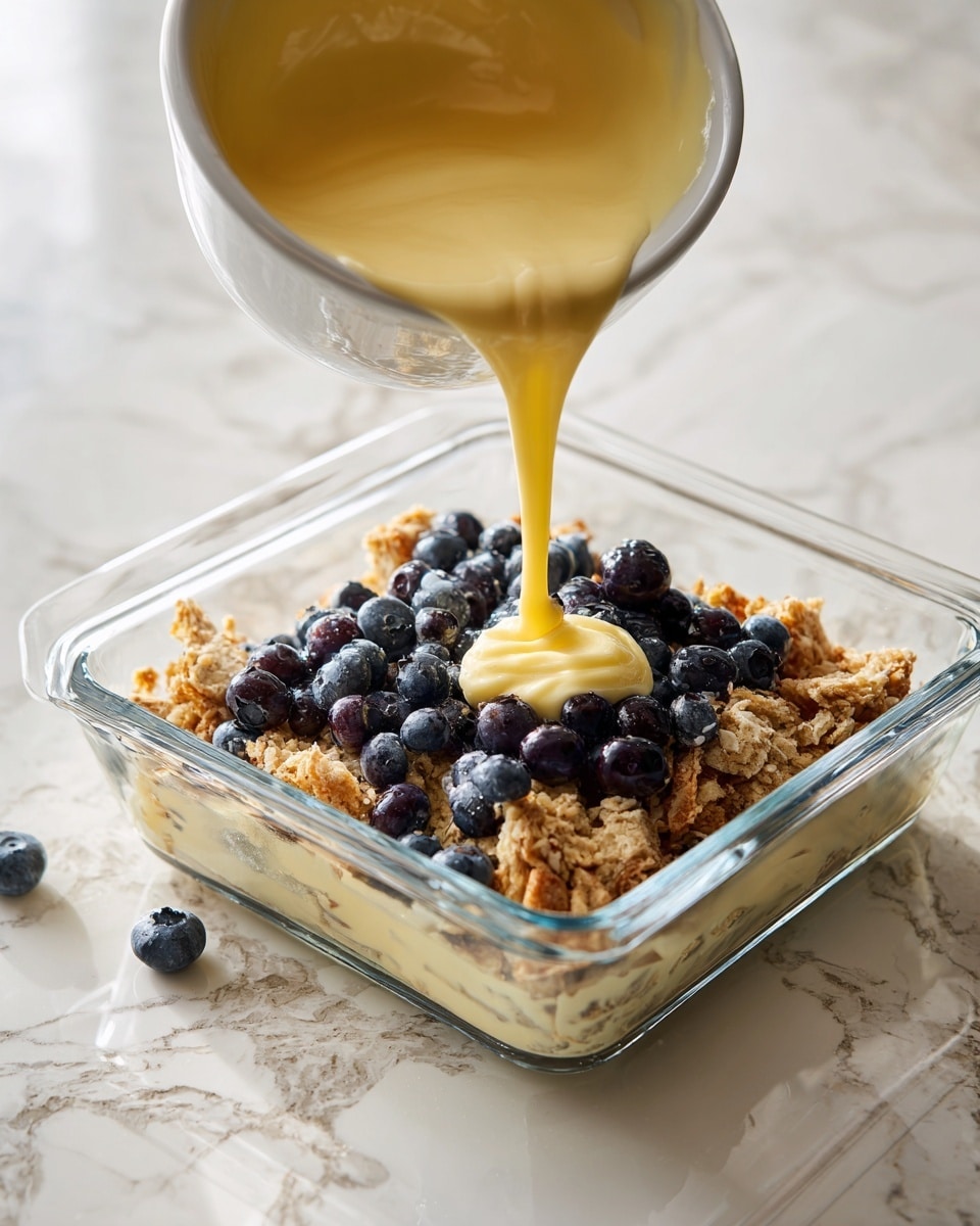 The image shows a clear glass square dish filled with a layer of torn light brown croissant pieces and scattered dark purple blueberries. A thick yellow cream is being poured from a white bowl into the dish, covering the croissants and blueberries. The dish is placed on a white marbled surface. Photo taken with an iphone --ar 4:5 --v 7
