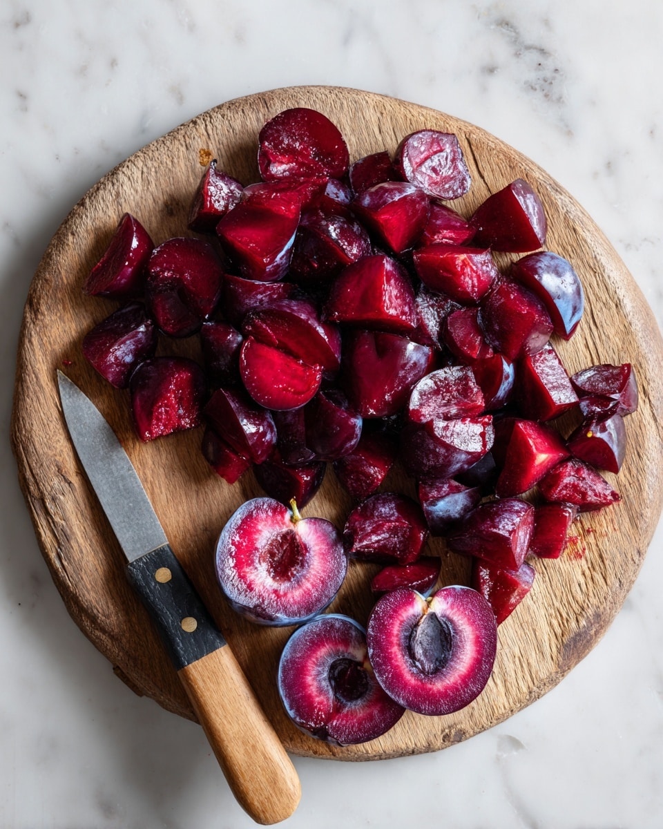 A rough, round wooden board sits on a white marbled surface. On the board are various pieces of chopped plums showing rich red and deep purple colors, with some pieces appearing juicy and soft. In the lower part of the board, there are three halved plums, showcasing their inner flesh and dark pits. Beside the plums, a small knife with a black handle and wooden grip rests on the board. The scene looks natural and simple, focused on the fresh fruit and cutting process photo taken with an iphone --ar 4:5 --v 7
