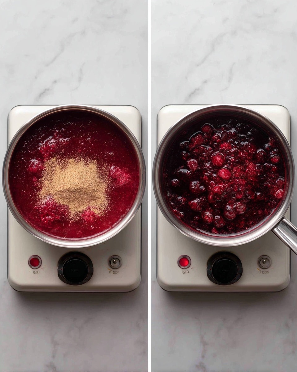 The image shows two photos side by side of a small silver pot on a white electric stove with a black dial and a red light. Inside the pot, there is a deep red and purple mixture with some whole berries visible. The left photo shows the mixture with some light brown powder sprinkled in the center, while the right photo shows the mixture after it has been stirred and heated, looking thicker and darker with more blended texture. The stove sits on a white marbled surface. photo taken with an iphone --ar 4:5 --v 7