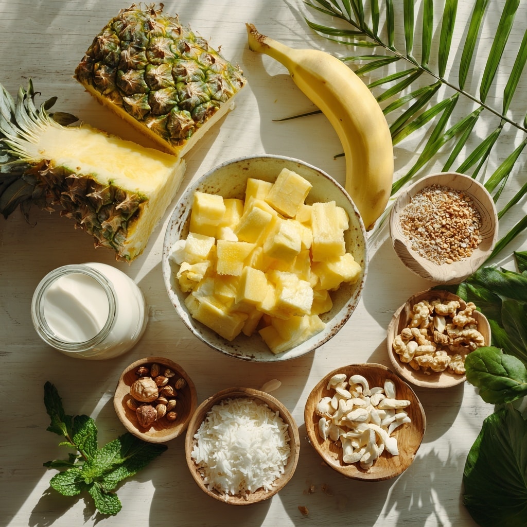 A clear blender jar sits on a black blender base with a simple control panel. Inside the jar, there are two layers of frozen fruits: the bottom layer is made up of bright orange mango chunks, and the top layer consists of light beige frozen banana slices. The background features a white marbled surface and part of a green palm leaf is visible on the left side. photo taken with an iphone --ar 4:5 --v 7