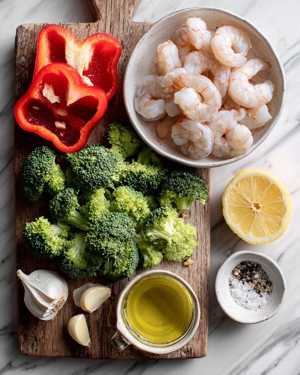 A white pan is shown from above, filled with bright green broccoli florets and small red bell pepper pieces evenly spread throughout. The vegetables have a fresh, slightly cooked look with some small bits of seasoning visible. A wooden spoon is resting in the pan, angled diagonally from bottom right to top left, held by a woman's hand on the handle. The background is a white marbled surface. Photo taken with an iphone --ar 4:5 --v 7