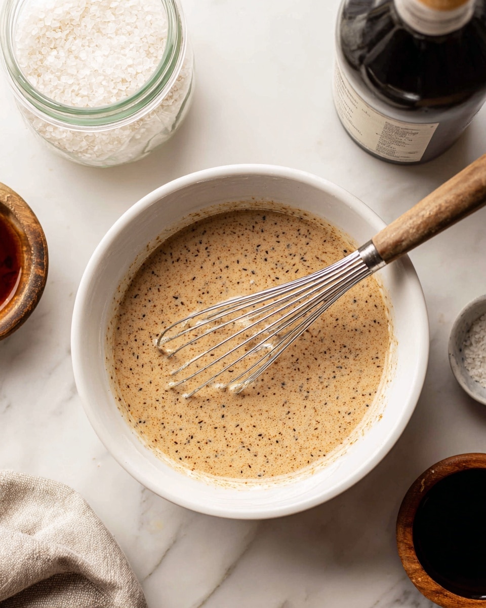 A white bowl filled with a light brown mixture that has visible small dark specks, appearing slightly thick in texture. Inside the bowl, a metal whisk rests with its handle across the top of the bowl. The bowl is placed on a white marbled surface. Around the bowl, there is a glass jar with white granules, a bottle of dark liquid with a wooden lid, and a tall dark bottle partially visible. The overall scene looks like a cooking preparation area. photo taken with an iphone --ar 4:5 --v 7