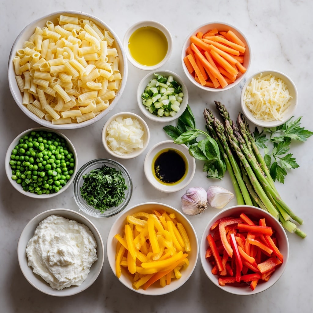 A large round metal pan with two handles contains a colorful mix of cooked vegetables. The dish has three main layers: a base layer of green asparagus pieces that are thick and fresh-looking, a middle layer of thin strips of bright yellow bell peppers, and a top layer of thin red bell pepper strips and some small bits of white onions scattered evenly. The vegetables are shiny and look cooked but still firm. The pan is placed on a white marbled surface. photo taken with an iphone --ar 4:5 --v 7