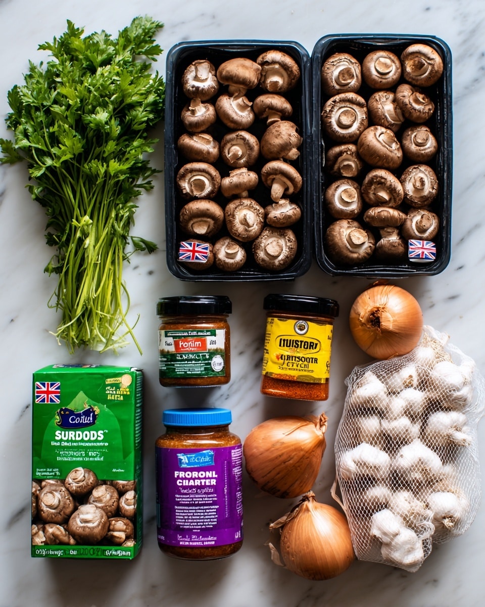 The image shows a collection of cooking ingredients neatly arranged on a white marbled surface. At the top, there are two black plastic trays filled with brown chestnut mushrooms, each sealed with a clear plastic cover and labeled with a British flag and text. Below them, on the left, there is a green plastic bag of flat leaf parsley with visible bright green leaves. Next to it is a green box of vegetable stock cubes. To the right of the box is a jar of bright yellow English mustard with a black lid. Below the mustard, there is a purple container labeled fresh British soured cream. Next to the soured cream is a clear glass jar of paprika spice with an orange lid. On the far right side, there is a white mesh bag full of garlic bulbs and a whole brown onion placed in front. The items create a colorful and organized arrangement suitable for cooking. photo taken with an iphone --ar 4:5 --v 7