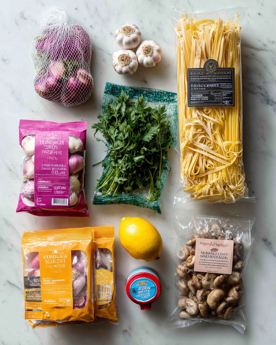 The image shows a collection of fresh cooking ingredients laid out on a white marbled surface. At the top right is a large beige bag of tagliatelle pasta with black and red labeling and a clear window showing the pale yellow pasta inside. To its left is a netted bag of garlic with a purple label, next to a green plastic bag of flat leaf parsley with a clear window showing leafy green parsley inside. Below these are two orange-labeled packs, one with thyme and the other with shallots, which are in pink and white packaging with visible shallots inside. In the middle bottom is a yellow lemon. Next to it is a small red container of fresh British single cream with white and blue text, and a clear spice grinder with pink Himalayan salt next to it. On the right bottom corner is a clear plastic pack with brown chestnut mushrooms and a label promoting vitamin D content. photo taken with an iphone --ar 4:5 --v 7