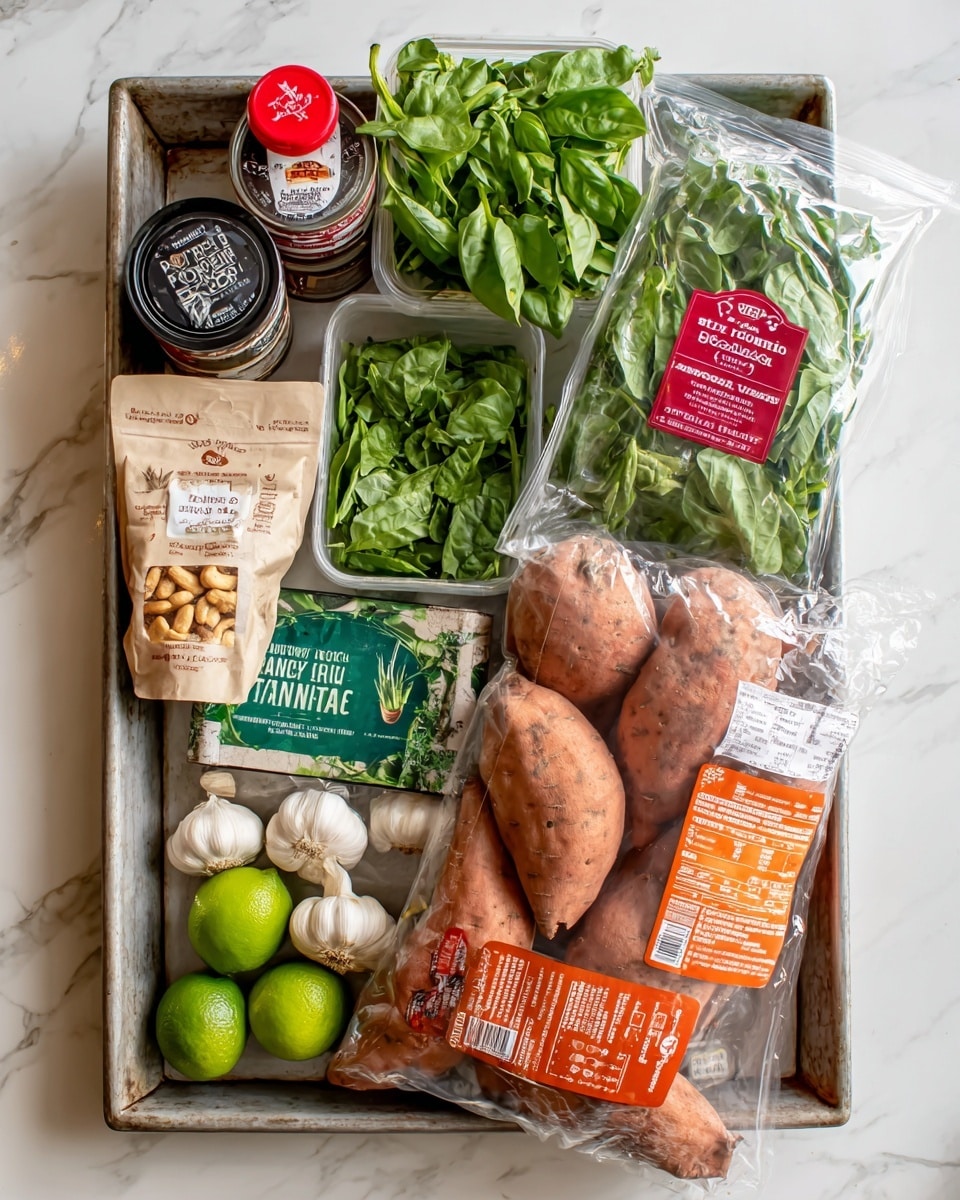 The image shows a tray filled with different cooking ingredients arranged in layers. At the bottom right, there is a large clear plastic bag with orange and white labels holding several brown sweet potatoes. Above this bag, to the right, is a clear plastic bag with a red label containing green basil leaves. Behind and to the left of the basil is a clear bag with green baby spinach leaves and a green label. To the bottom left, there is a green labeled clear bag of fresh coriander with visible green leaves. Near the center left is a small beige pack of cashew nuts with brown text. To the far left, there are two cans stacked vertically; the top can is labeled red curry paste with dark red and black colors, and the bottom can is labeled coconut milk in black with a white coconut image. In the bottom left corner, there is a whole lime and two cloves of garlic. All items are placed on a white marbled textured surface inside a metal tray. Photo taken with an iphone --ar 4:5 --v 7