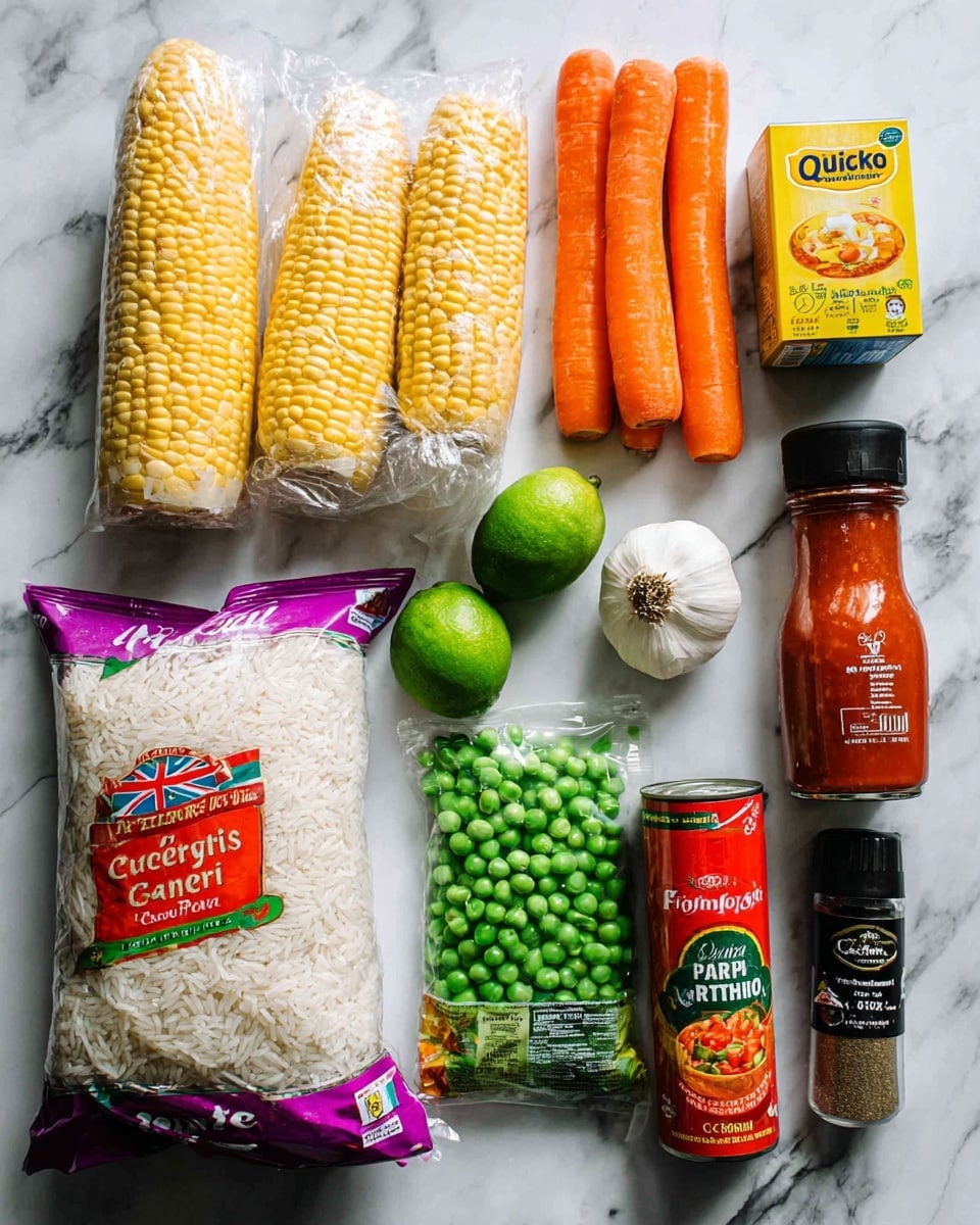The image shows a collection of cooking ingredients laid out on a white marbled surface. At the top left are two ears of pale yellow British sweetcorn wrapped in clear plastic with a British flag design. Below them is a sealed pack of bright orange British carrots. To the right of the carrots is a yellow box of Quixo vegetable stock cubes. Near the center is a whole bright green lime and a bulb of off-white garlic with papery layers. A black bottle of ground cumin and a red and black tube of tomato purée stand upright to the right of the lime and garlic. Toward the bottom, a large purple and white bag of classic basmati rice is placed next to a can of chunky chopped tomatoes with a bright red label. A packet of green frozen petits pois is on the left side, with some peas visible through the packet window. Behind these, there is a green package of fresh coriander in clear plastic. The overall scene is well-lit and colorful, with the ingredients arranged in a slightly overlapping, tidy layout. photo taken with an iphone --ar 4:5 --v 7