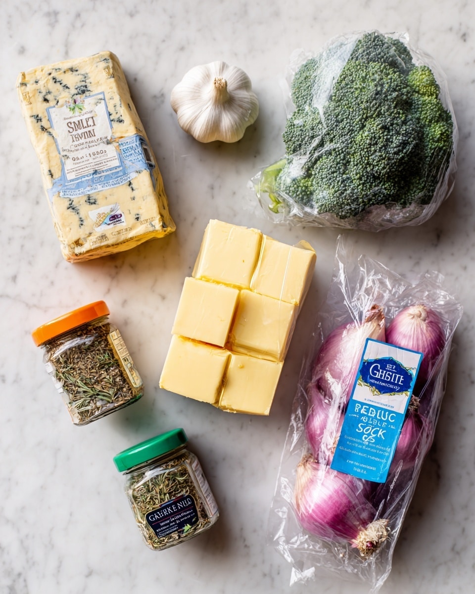 The image shows an arrangement of cooking ingredients on a white marbled surface, including two packs of green broccoli wrapped in plastic at the top right, a pink pack of British echalion shallots on the right side, and a yellow box of chicken stock cubes near the center bottom. To the left of the chicken stock, there's a block of mature blue stilton cheese, above which is a whole bulb of garlic. On the top left, there is a gold package of salted butter, and below it are two spice jars—one with mixed spice and an orange cap, the other filled with thyme with a green cap. The colors are natural and clear, with labels visible on most items. photo taken with an iphone --ar 4:5 --v 7