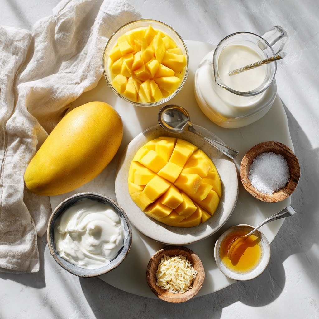 A tall clear glass filled with a smooth, creamy light peach-colored mango smoothie showing tiny orange specks throughout. A thin slice of bright yellow-orange mango with red skin is placed on the rim of the glass. A white and pink striped straw sticks out from the top of the smoothie. The glass sits on a white marbled surface with two more identical glasses filled with the same smoothie blurred in the back. To the left, there is a small white bowl holding honey with a honey dipper in it. On the right side of the glass, a few small slices of bright yellow mango and a whole mango with red and yellow skin are on the surface, along with a yellow and white striped cloth. Photo taken with an iphone --ar 4:5 --v 7