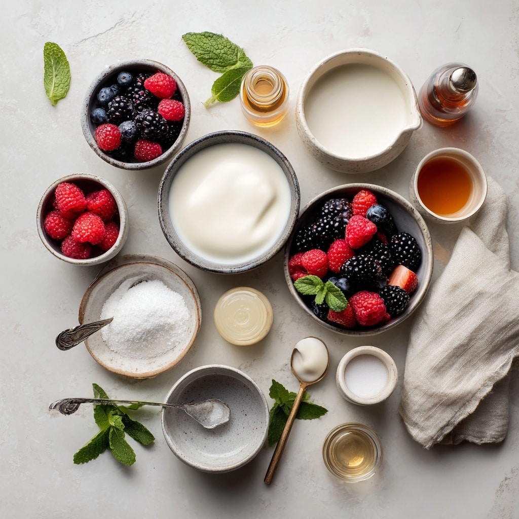 The image shows a white plate filled with three golden-brown rectangular pastries dusted with white powdered sugar. On top and around the pastries is a thick, dark purple berry sauce with whole blueberries mixed in, giving a glossy and juicy look. The sauce spreads over the plate, creating a rich contrast with the light pastries. Near the edge of the plate is a silver fork resting partially in the sauce. The background surface is a white marbled texture, and a light cloth is visible at the top part of the image. photo taken with an iphone --ar 4:5 --v 7