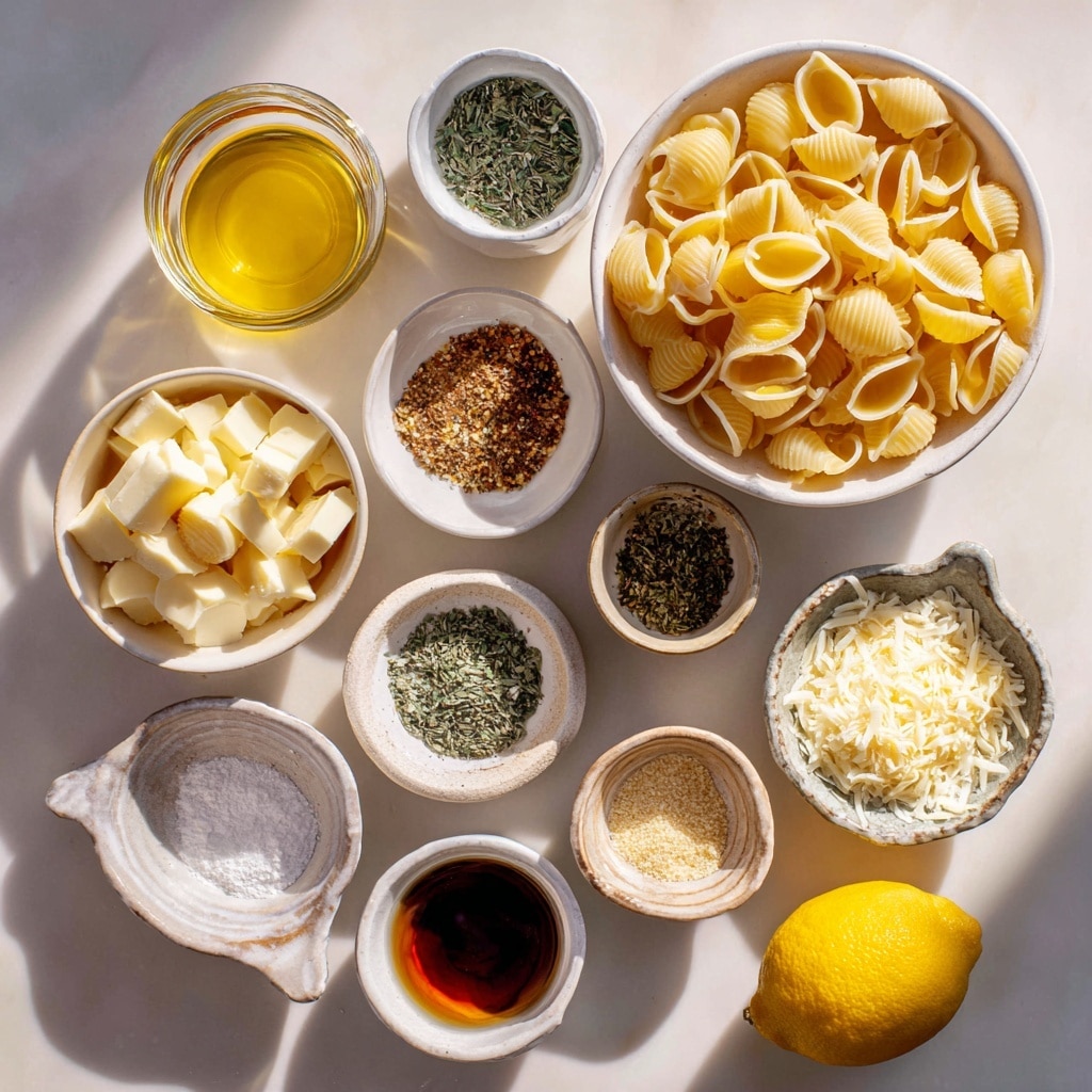 A white bowl filled with small shell pasta coated in a creamy, light yellow sauce dotted with green herbs and black pepper flakes, giving the surface a speckled look. Two bright yellow lemon wedges are placed on the right side of the pasta, adding a fresh contrast. The edges of the shell pasta are smooth and slightly shiny from the sauce, which pools lightly at the bottom of the bowl. The bowl sits on a white marbled surface, creating a clean and bright background. Photo taken with an iphone --ar 4:5 --v 7