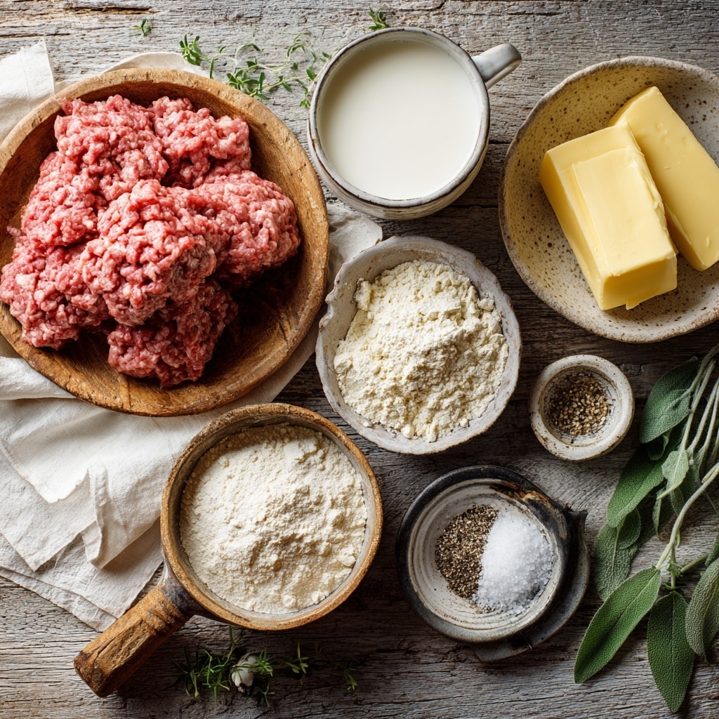 Two images show a black cast iron pan on a white marbled surface. The first image has cooked browned ground meat spread evenly across the pan with a rough texture. The second image shows the same pan and meat with white flour sprinkled over the meat in uneven patches, and a red silicone spoon with white dots touching the meat from the top right. Photo taken with an iphone --ar 4:5 --v 7