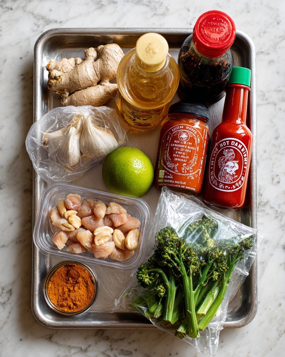 A metal tray on a white marbled surface holds various ingredients including a clear plastic container with pale pink chicken mini fillets at the bottom left, next to a wrapped piece of fresh ginger and three cloves of garlic. Above the chicken is a lime with a light green peel, a bottle of golden honey with a beige cap, a bottle of dark soy sauce with a red cap, and a tall bright red bottle of sriracha hot chili sauce with a green cap. To the right of these is a red bag of dry roasted peanuts, a small jar of orange chili powder in front of a clear plastic bag of fresh green tenderstem broccoli on the right side of the tray. Photo taken with an iphone --ar 4:5 --v 7