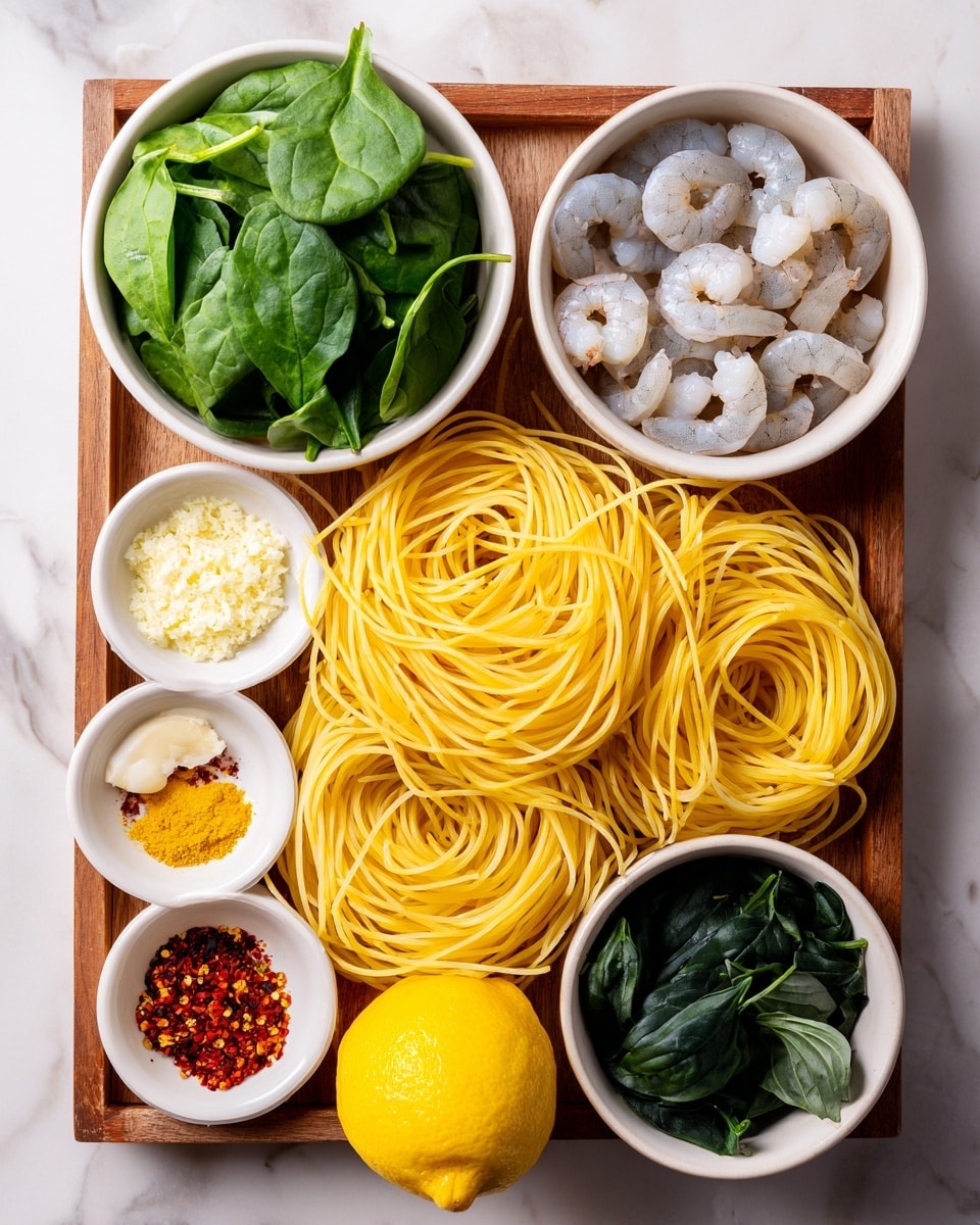 The image shows a wooden tray on a white marbled surface with uncooked yellow spaghetti noodles arranged in the center. On the top left, there is a white bowl filled with fresh bright green spinach leaves. Next to it on the top right is another white bowl holding raw greyish-white shrimp. Below the spinach bowl, there is a white bowl with dark green basil leaves. Toward the bottom right of the noodles, a halved yellow lemon sits in a small dish. Surrounding these are smaller bowls containing minced white garlic, yellow lemon zest, bright red chili flakes, orange-red chili powder, and golden olive oil. The colors contrast with the white dishes and the textures vary from leafy greens to smooth shrimp and dry pasta. photo taken with an iphone --ar 4:5 --v 7