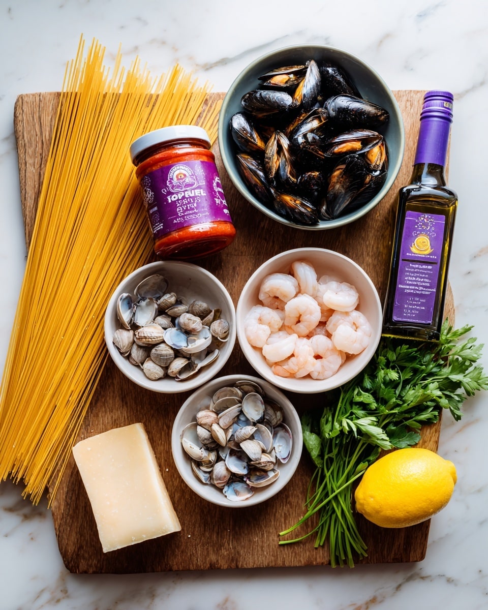The image shows a collection of seafood and cooking ingredients arranged on a wooden board placed on a white marbled surface. On the left, a bundle of uncooked spaghetti lies next to a jar of red marinara pasta sauce with a purple label. Above the jar, there is a bowl filled with dark mussels and light clams. In the center, there is a purple-topped bottle of extra virgin olive oil. To the right of the bottle, a bright yellow lemon and a bunch of green parsley sit side by side. On the right side, two white bowls are placed one above the other; the top bowl contains raw gray shrimp curled up, while the bottom bowl holds white scallops. At the bottom center, in front of the jar, there is a wedge of hard cheese with a light rind. Photo taken with an iphone --ar 4:5 --v 7