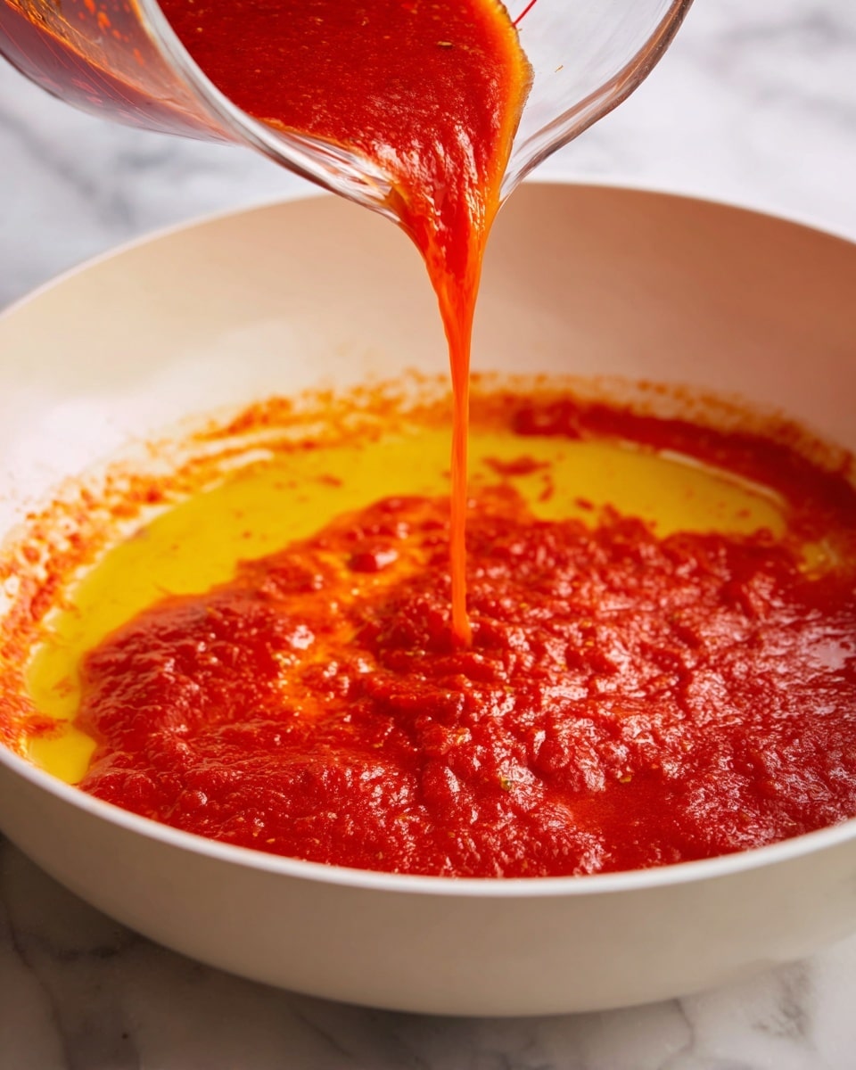 A white pan with light yellow oil inside is shown with thick red tomato sauce being poured from a clear glass measuring cup into the pan. The tomato sauce has a textured, slightly chunky appearance with a rich red color, spreading out over the shiny oil. The background is a white marbled surface. photo taken with an iphone --ar 4:5 --v 7