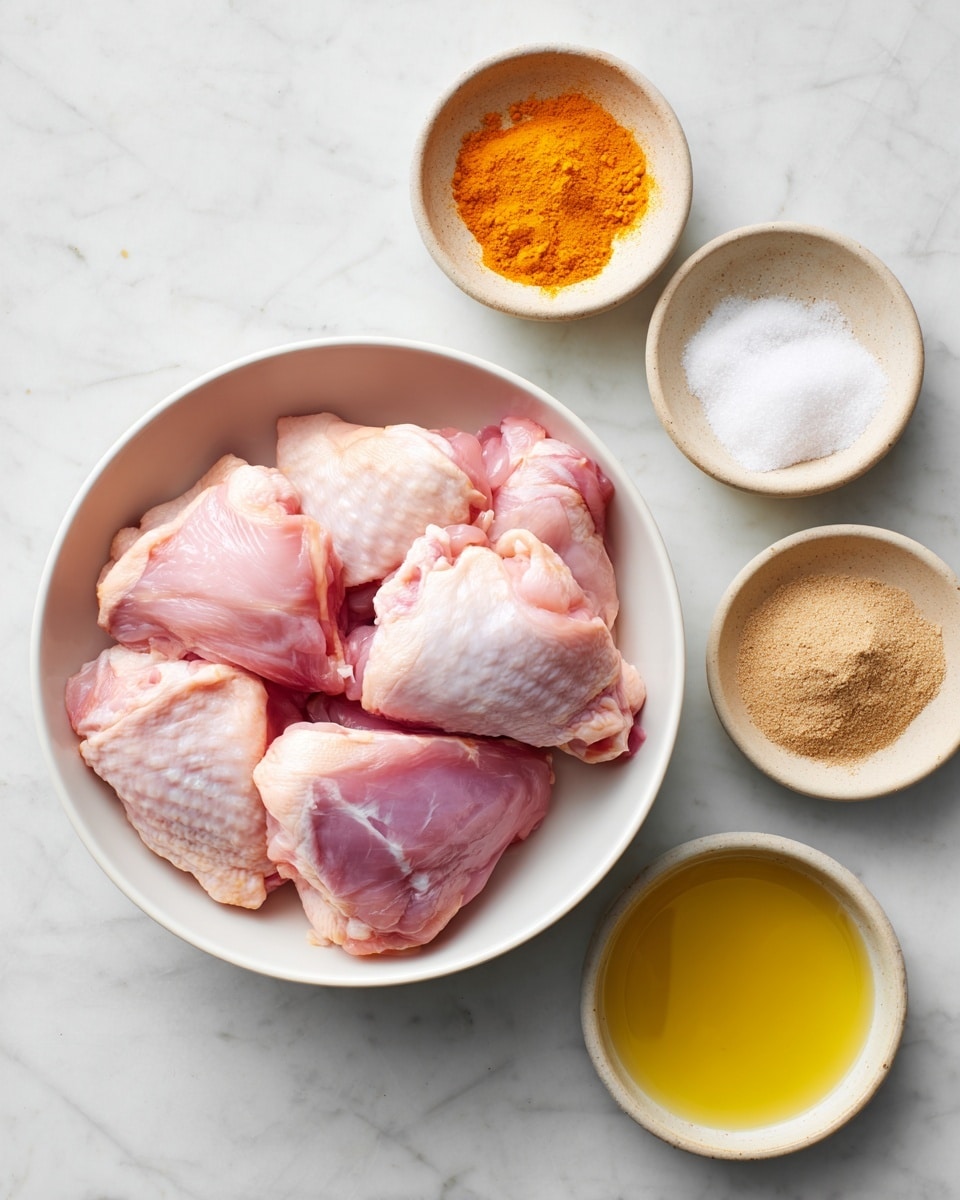 A white bowl filled with raw pink chicken thighs with light fat edges sits in the center on a white marbled surface. Around it are three small bowls: one at the top contains bright orange powder, another at the top right holds white powder, below the chicken bowl to the right is a bowl of yellow oil, and a small bowl below to the left contains light brown powder. The bowls have a smooth texture and a neutral color, contrasting with the raw chicken’s smooth, shiny surface. Photo taken with an iphone --ar 4:5 --v 7
