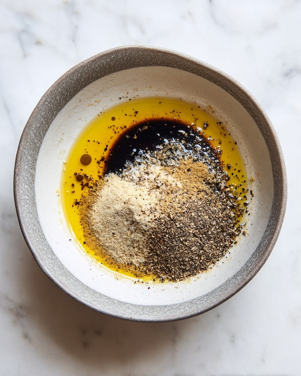 A shallow white bowl with a gray rim contains three main layers of ingredients: a base layer of yellow olive oil fills the bowl, topped by a middle layer of dark brown liquid or sauce mostly mixing with the oil, and a top layer of light beige powder sprinkled with black pepper. Small bubbles of oil are visible near the center. The bowl is placed on a white marbled surface and there is a white ceramic juicer at the top right edge of the image photo taken with an iphone --ar 4:5 --v 7