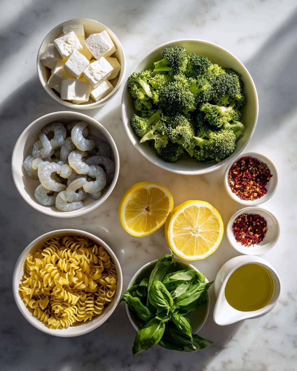 The image shows seven white bowls and one white pouring cup arranged on a white marbled surface, each filled with different cooking ingredients. Starting from the top left corner, there is a bowl holding white soft cheese chunks, next to it a bowl filled with fresh green broccoli pieces. Below that, a bowl contains raw gray shrimp, arranged in a ring shape. To the right of the shrimp is a bowl with three lemon halves, bright yellow and fresh. Below the broccoli and lemon, near the bottom middle, a bowl holds fresh green basil leaves that are slightly folded. To the left of the basil, there is a bowl filled with dried yellow spiral pasta. Two small bowls between the broccoli and pasta hold minced garlic and red pepper flakes, respectively. At the bottom right is a white pouring cup with olive oil in it. The whole arrangement is lit by natural light, creating soft shadows. Photo taken with an iphone --ar 4:5 --v 7