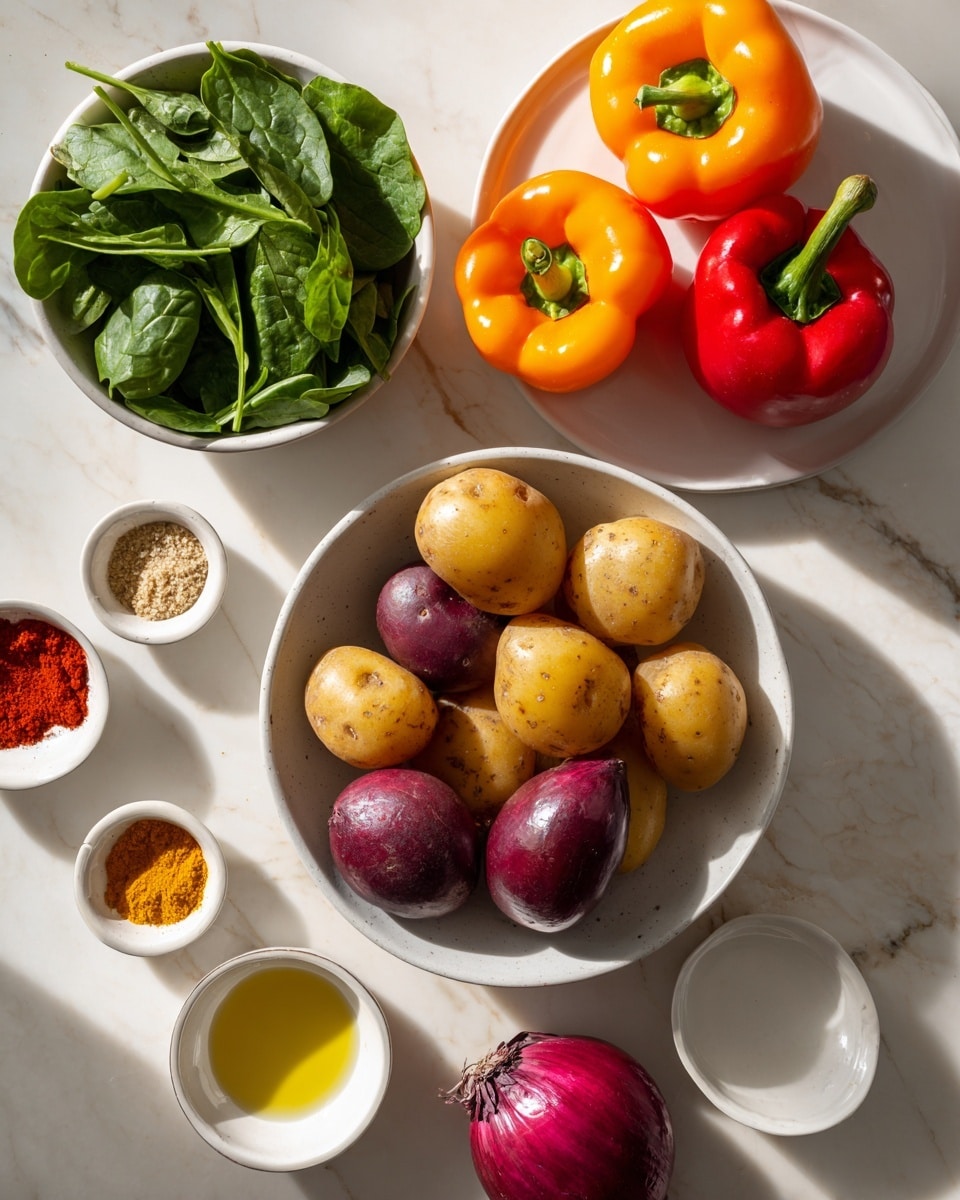 A top view of various fresh ingredients neatly arranged on a white marbled surface. In the center, a white bowl filled with small round potatoes in yellow, red, and purple colors shows their smooth, firm skins. Above it, a white plate holds two whole bell peppers, one bright orange and one vibrant red, with shiny skins and green stems. To the left, a white bowl contains fresh green spinach leaves with visible veins and a slightly crinkled texture. Around these main items, small bowls hold different spices: a reddish-brown powder, a light yellow granular spice, and a pile of bright red chili powder. There is also a small white bowl of golden olive oil with a smooth surface reflecting light, as well as a round white dish with a whole purple onion resting on it, its outer layers slightly flaky. The lighting casts soft shadows, enhancing the colors and textures of each ingredient. photo taken with an iphone --ar 4:5 --v 7