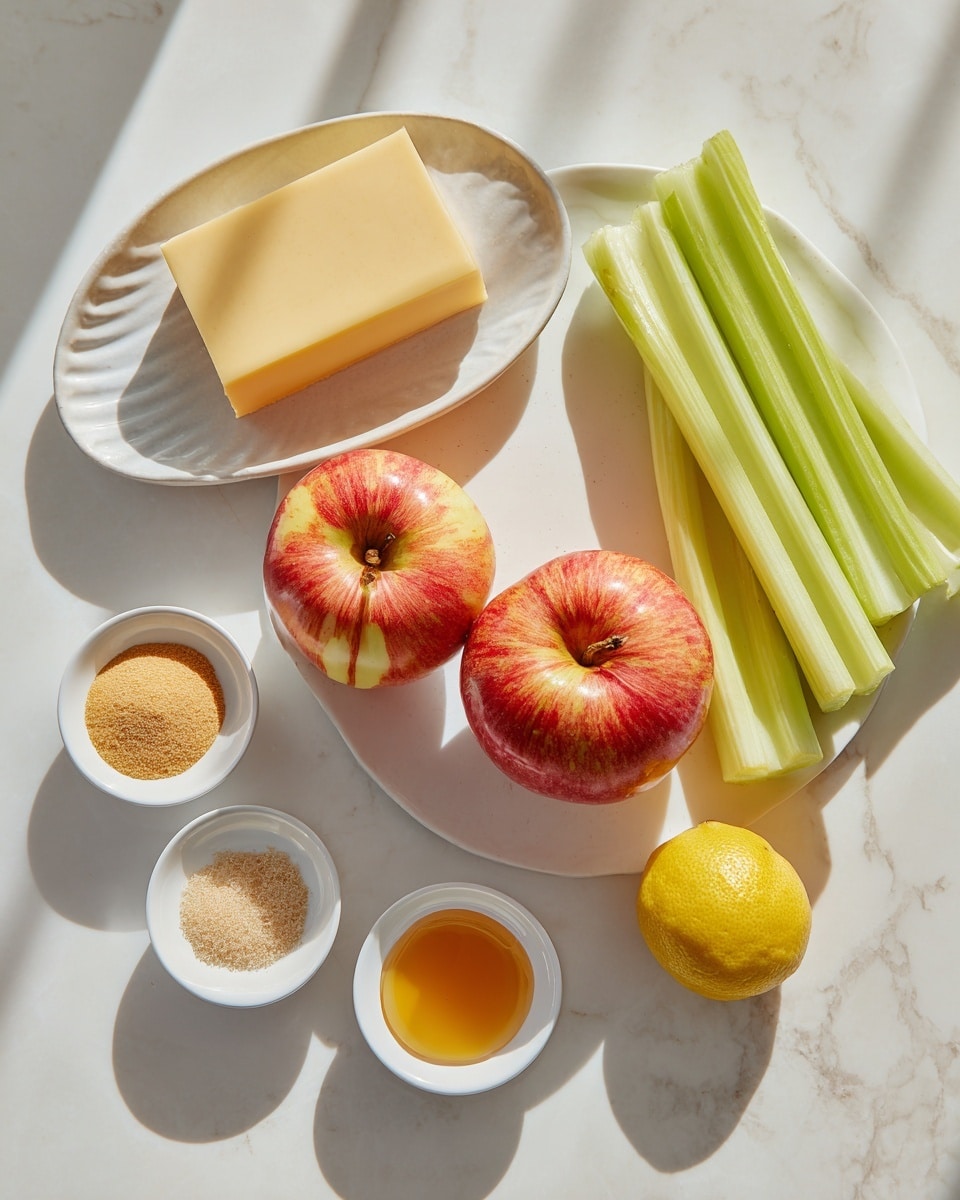 Two whole red and yellow apples sit side by side on a white plate at the center. To the right, long green celery stalks stretch upwards. Above the apples, a square block of pale yellow cheese rests on a white bowl with a wavy edge. Surrounding the plate are small white bowls containing golden liquid, light brown fiber powder, tiny beige paste dollops, and a small round lemon at the bottom right. The whole setup is on a white marbled surface with strong sunlight creating soft shadows. Photo taken with an iphone --ar 4:5 --v 7