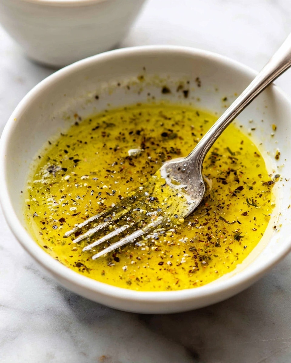 A close-up view of a single white bowl filled with a yellowish-green dressing or sauce that has a slightly oily and speckled texture with black pepper or herbs mixed in. A silver fork with some dressing clinging to its tines is resting inside the bowl. The bowl sits on a white marbled surface, with a blurred white bowl or cup in the background. photo taken with an iphone --ar 4:5 --v 7