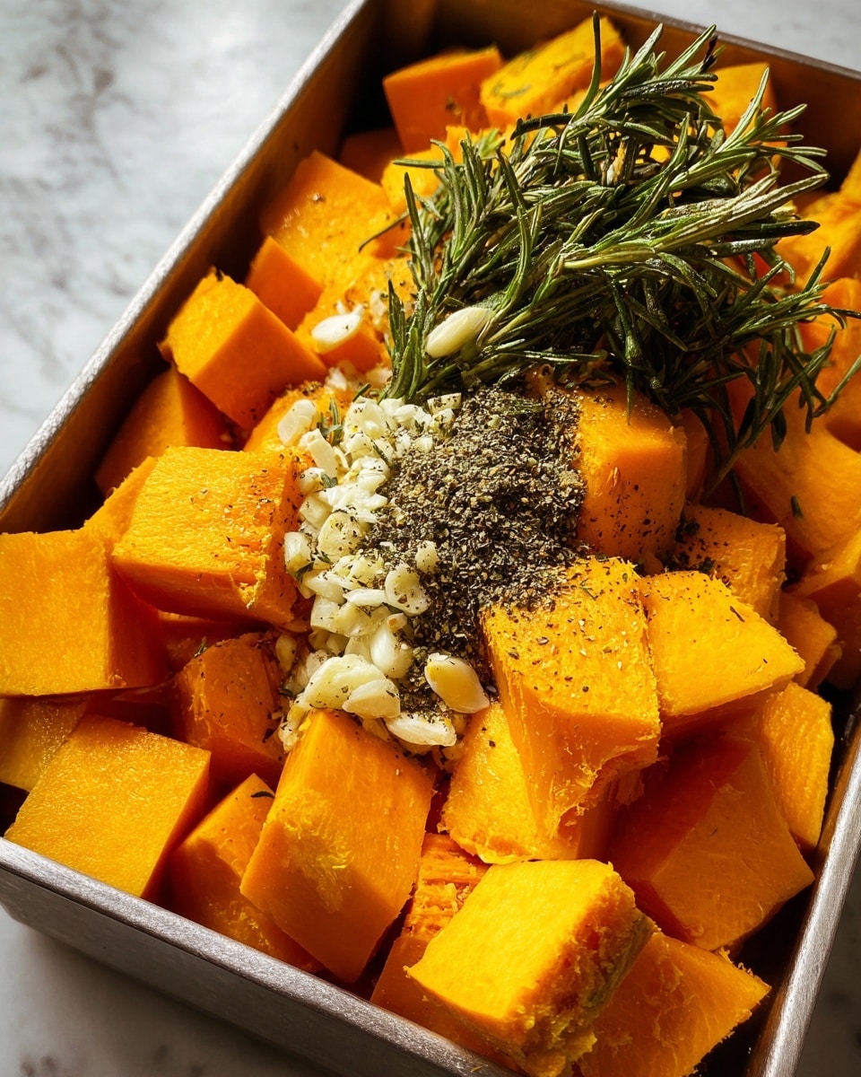 The image shows many chopped pieces of orange pumpkin with dark green edges placed at the bottom, with a pile of fresh green rosemary, small white garlic parts, and light black pepper powder on top in the center. The pieces are uneven and stacked loosely in a metal container, all set on a white marbled background. photo taken with an iphone --ar 4:5 --v 7