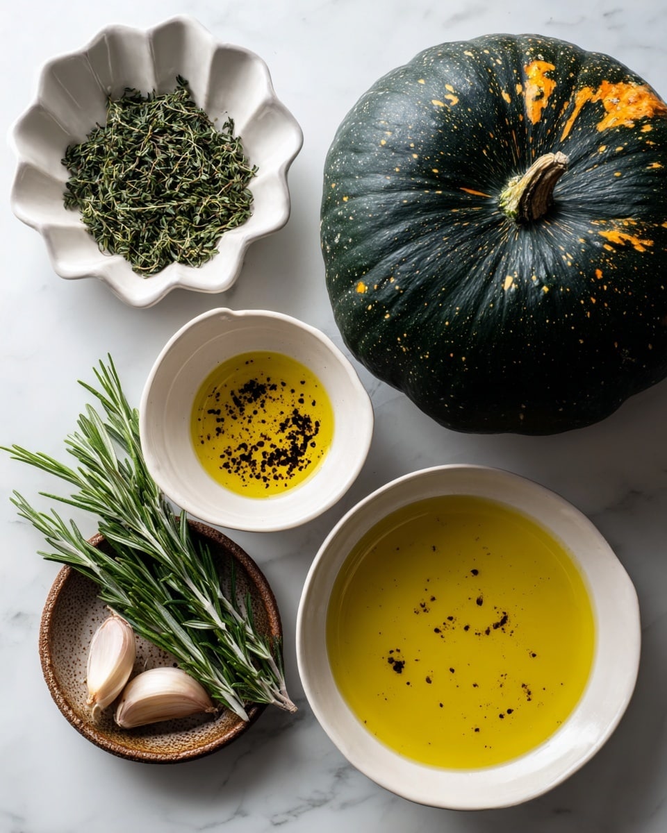 The image shows a whole dark green pumpkin with light orange spots on the upper right side on a white marbled surface. Below the pumpkin, there are three white bowls arranged vertically: the top contains green thyme sprigs, the middle holds yellow olive oil with small black specks, and the bottom is empty in this description but is actually holding the olive oil. To the left of these bowls, a small rustic brown ceramic dish holds two peeled garlic cloves, and above it, a white bowl with a wavy edge contains fresh green rosemary sprigs. All the items are placed neatly on the white marbled surface. Photo taken with an iphone --ar 4:5 --v 7