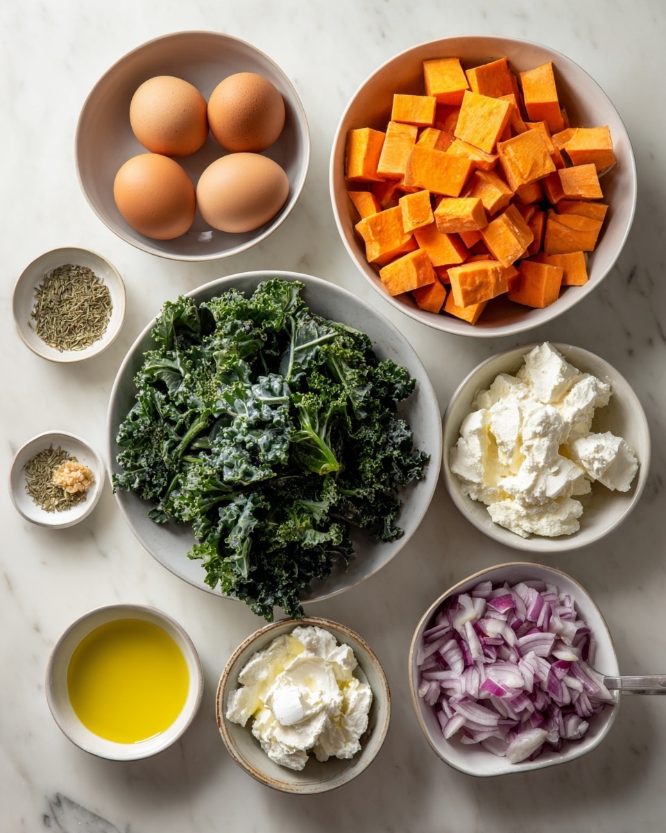 A top-down view of several white bowls on a white marbled surface, each filled with different ingredients: one large bowl holds bright orange sweet potato cubes, another bowl contains whole brown eggs, a third bowl is filled with dark green leafy kale, a small bowl has white cream cheese, and a smaller bowl holds dried herbs. On the bottom left, there are two small bowls—one with chopped garlic and another with golden olive oil—and on the bottom right, a bowl contains chopped red onions. The colors contrast vividly with the white bowls and the neutral background. photo taken with an iphone --ar 4:5 --v 7