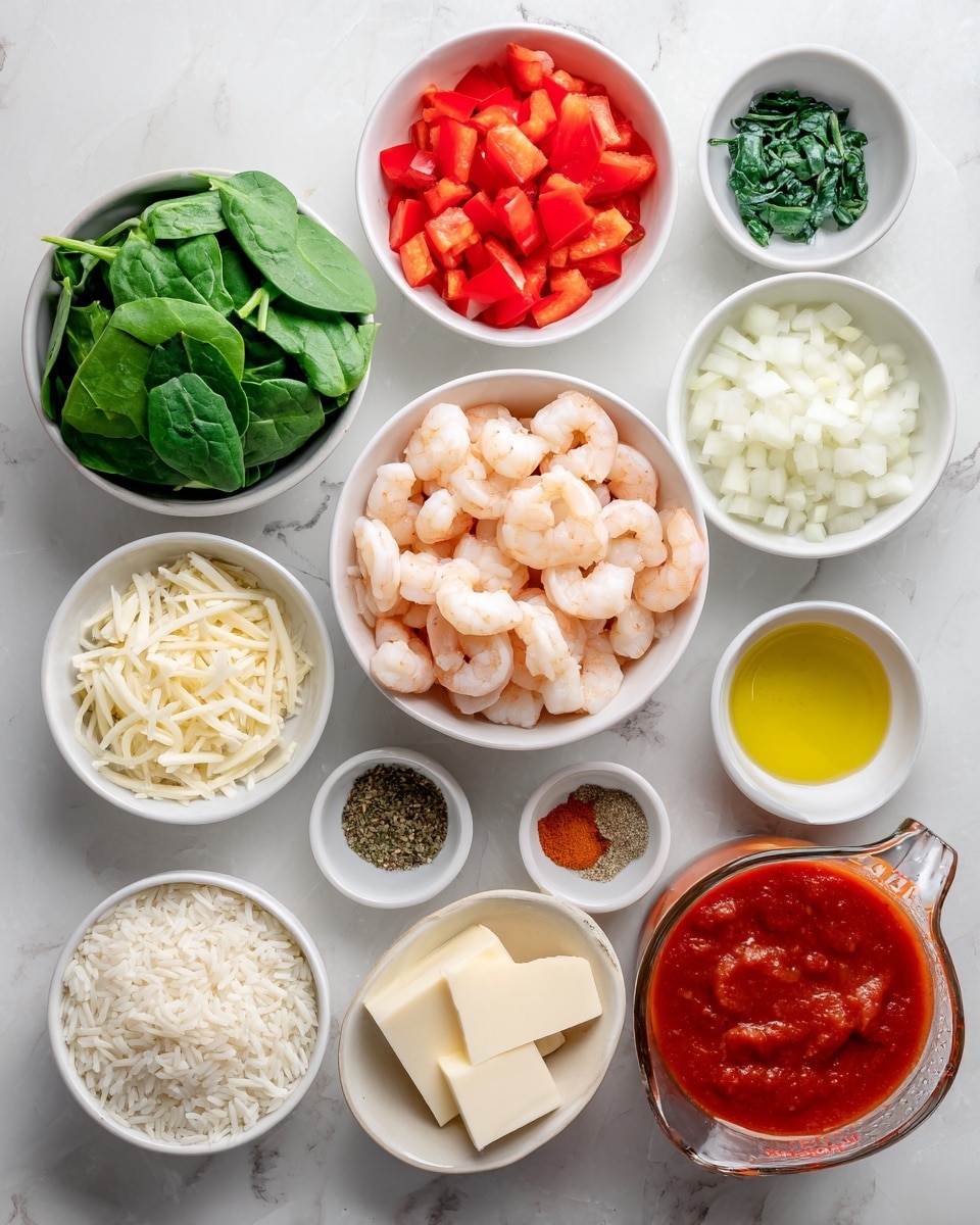 The image shows a top view of various white bowls arranged on a white marbled surface, each containing different fresh ingredients. In the center is a bowl filled with pink and white cooked shrimp. Surrounding it are diced white onions in one bowl, bright red chopped bell peppers in another, and two bowls of fresh green spinach leaves, one smaller and one larger. There is also a bowl of white rice, a small bowl with a mix of spices including green, brown, and reddish powders, as well as a bowl of minced garlic and another with yellow olive oil. Additionally, a bowl contains creamy white cheese slices, and there is a glass measuring cup filled with thick red tomato sauce. The arrangement is clean and organized, showcasing a variety of colors and textures. Photo taken with an iphone --ar 4:5 --v 7