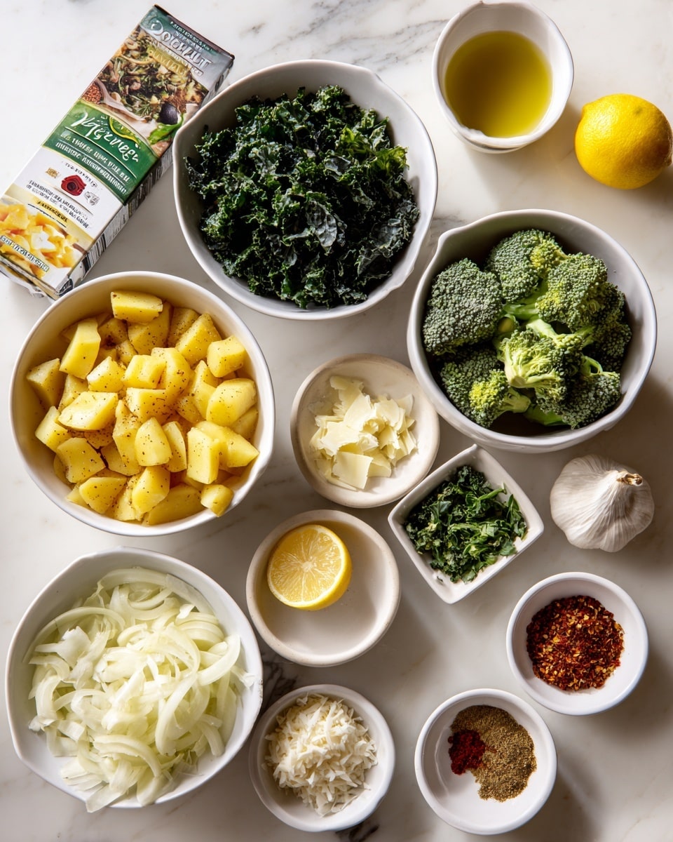 The image shows an overhead view of various cooking ingredients placed in white bowls and small dishes on a white marbled surface. There are three main bowls: one filled with yellow chopped potatoes, another with dark green curly kale leaves, and a third with fresh green broccoli florets. Next to these are smaller white bowls and dishes containing finely chopped white onions, minced garlic, shredded white cheese, olive oil, a slice of lemon, and a small bowl with three spices in red, green, and light brown tones. To the left of the bowls is a carton of vegetable broth. Everything is neatly arranged and well-lit, creating a fresh and colorful display. photo taken with an iphone --ar 4:5 --v 7