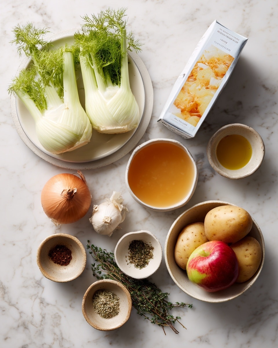 The image shows a group of fresh ingredients placed neatly on a white marbled surface. There are two light green fennel bulbs with feathery green fronds resting on a white plate in the upper left. To the right, a white rectangular carton of vegetable broth stands upright with an image of orange broth on the front. Below that, there is a small white bowl holding two light brown potatoes with slightly rough skin. Near the center left, one brown onion with smooth skin sits on a small white plate. On the lower right, a red and green apple rests in a cream-colored bowl with an uneven edge. Around these main items are small beige and brown bowls containing two cloves of garlic, some greenish olive oil, dried herbs, and a small bunch of fresh thyme stems lying directly on the surface. The items are arranged in a well-lit, clear, and neat manner. Photo taken with an iphone --ar 4:5 --v 7