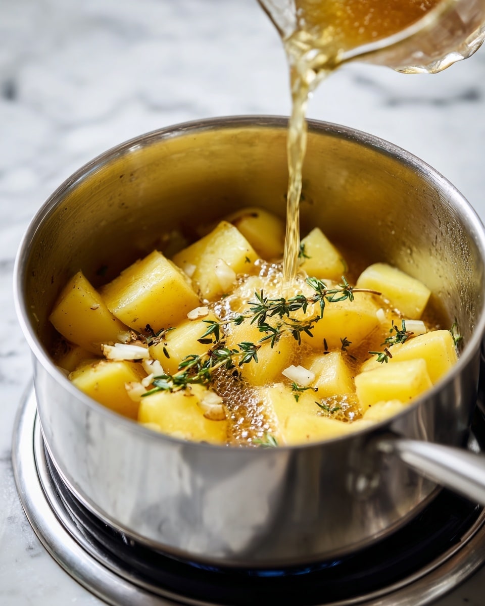 Inside a silver pot, large yellow potato pieces are placed, scattered with fresh green thyme leaves and small white garlic bits. A golden broth is being poured into the pot, filling the clear space around the potatoes, creating bubbles at the edges. The pot sits on a stove with a silver burner base. The whole scene is set against a white marbled surface. photo taken with an iphone --ar 4:5 --v 7