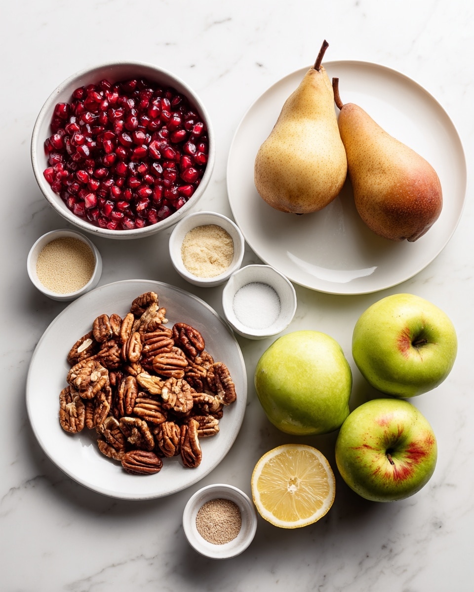 The image shows a top-down view of various ingredients arranged on a white marbled surface. At the center bottom, a white bowl holds a layer of brown and glossy pecans with varied textures. Just above it, a white plate carries two pears, one light brown with smooth skin and the other darker brown with a rougher look, side by side. On the upper left, a white bowl is filled with bright red pomegranate seeds that look shiny and juicy. To the right of that, a white plate has two green apples with a smooth, shiny surface and slight reddish patches, placed next to each other. Near the center right, a small white bowl contains a halved lemon showing its pale yellow flesh. Surrounding these main items are three small white bowls with different contents: light brown powder, beige small granules, and a white solid substance. The arrangement is neat and balanced, all placed on the white marbled background. photo taken with an iphone --ar 4:5 --v 7