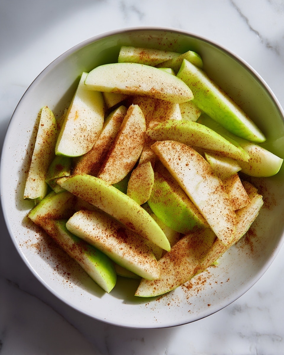 A close-up view of a white bowl filled with green apple slices and long thin pieces of peeled fruit underneath, possibly pears. On top of the slices, there is a light dusting of cinnamon powder and a lighter beige powder scattered unevenly. The apple slices show a mix of pale green and light cream colors with a shiny, fresh texture. The bowl is on a white marbled surface, and the lighting highlights the natural gloss of the fruit skin. Photo taken with an iphone --ar 4:5 --v 7