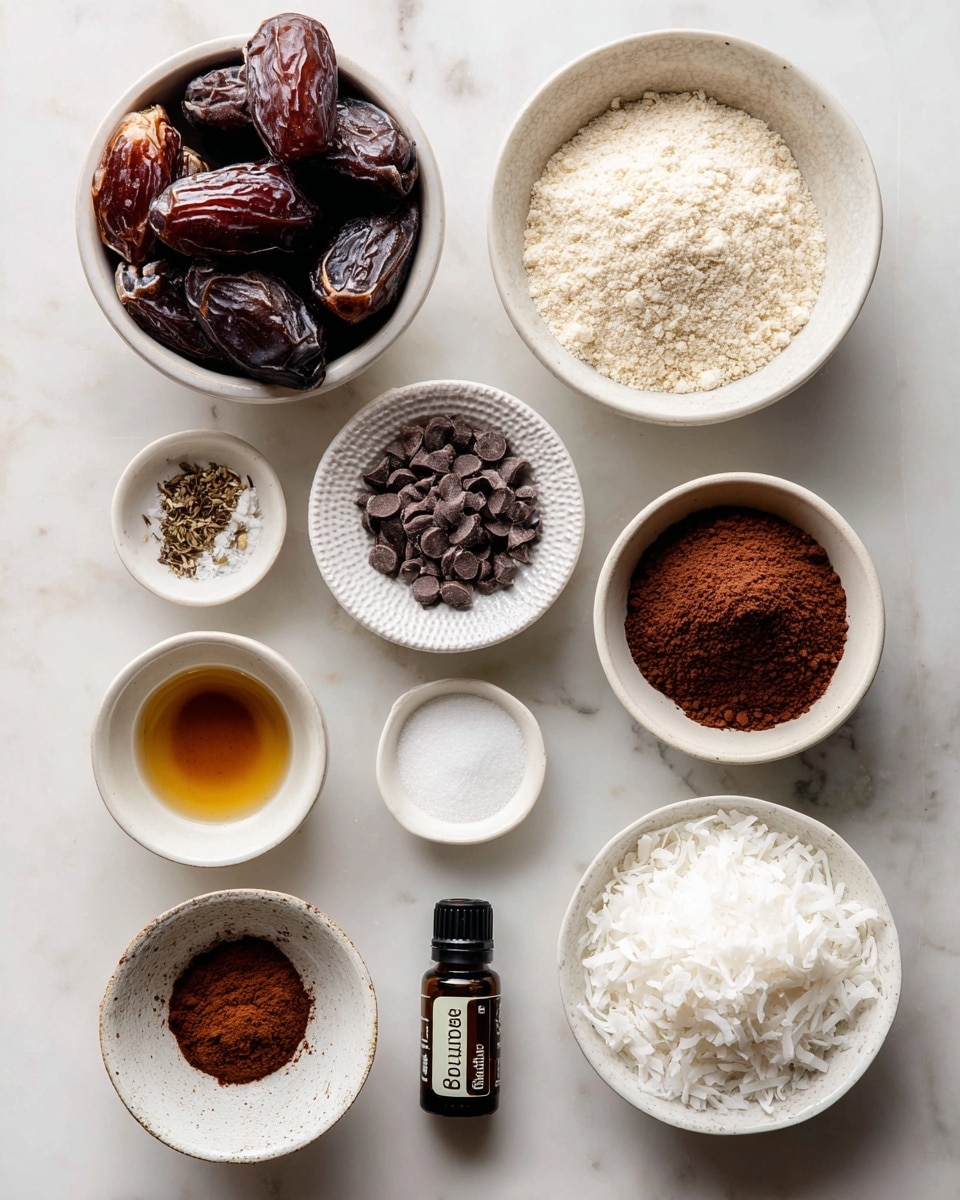 The image shows nine ingredients arranged neatly on a white marbled surface. There is a white bowl filled with dark brown dates, next to a white bowl with light beige almond flour. Below them, a white textured bowl holds small dark chocolate chips, and a smaller white bowl contains rich brown cocoa powder. To the right, there is an empty white bowl and beneath it, to the left, a small white bowl with golden brown vanilla extract. Next to it is a tiny white bowl with white salt. A bottle of dark brown peppermint extract is placed vertically in the middle, and a larger white bowl filled with white shredded coconut sits at the bottom right. All bowls and the bottle are arranged in a roughly square shape on the white marbled surface, photographed with an iphone --ar 4:5 --v 7