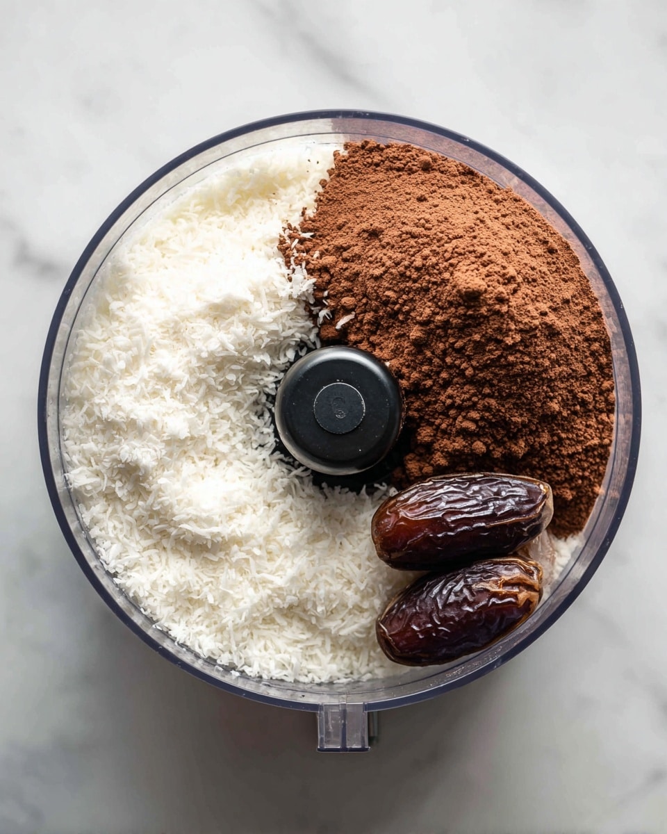 The image shows a clear food processor bowl on a white marbled surface, containing four main ingredients. On the left side, there is a white fluffy layer of shredded coconut. To the right of the coconut is a large mound of brown cocoa powder with a slightly powdery texture. Near the bottom of the bowl, there are two dark brown dates with smooth, shiny, wrinkled skins placed alongside each other. The center has the black blade attachment of the food processor standing upright, visible through the clear plastic bowl. The background is a light neutral tone. Photo taken with an iphone --ar 4:5 --v 7