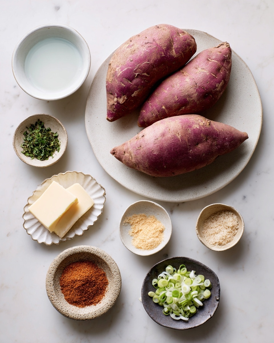 Two large purple sweet potatoes with rough, textured skin sit on a plain white plate in the top center of the image. Surrounding the plate are seven small bowls arranged loosely in a circular pattern on a white marbled surface. Starting from the top left and moving clockwise: a white bowl with a pale blue inside holds a small amount of white liquid; a speckled brown bowl contains finely chopped green herbs; a small gray bowl has a light yellow powder; a tiny beige bowl holds a small pile of brown spice; a white wavy-edged bowl holds a pale yellow rectangular block of butter with small crumbles on the side; a light speckled bowl contains a mound of reddish-brown powder; and a small gray bowl with a dark rim is filled with sliced green onions. photo taken with an iphone --ar 4:5 --v 7