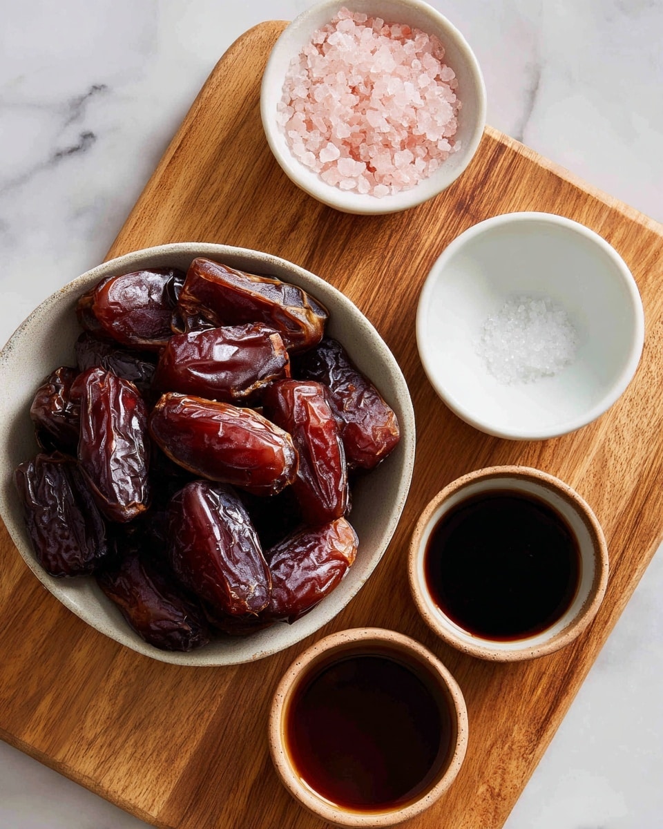 A wooden board is placed on a white marbled surface with four small bowls on top. In the bottom left bowl, glossy dark brown dried dates fill the bowl, showing their wrinkled texture and slight reddish highlights. Above it, a small bowl contains pale pink coarse salt. To the right, a white empty bowl contrasts with the other dishes. On the bottom right, another small bowl holds a dark brown liquid. The bowls are arranged neatly, showing a simple and clean food preparation setup photo taken with an iphone --ar 4:5 --v 7