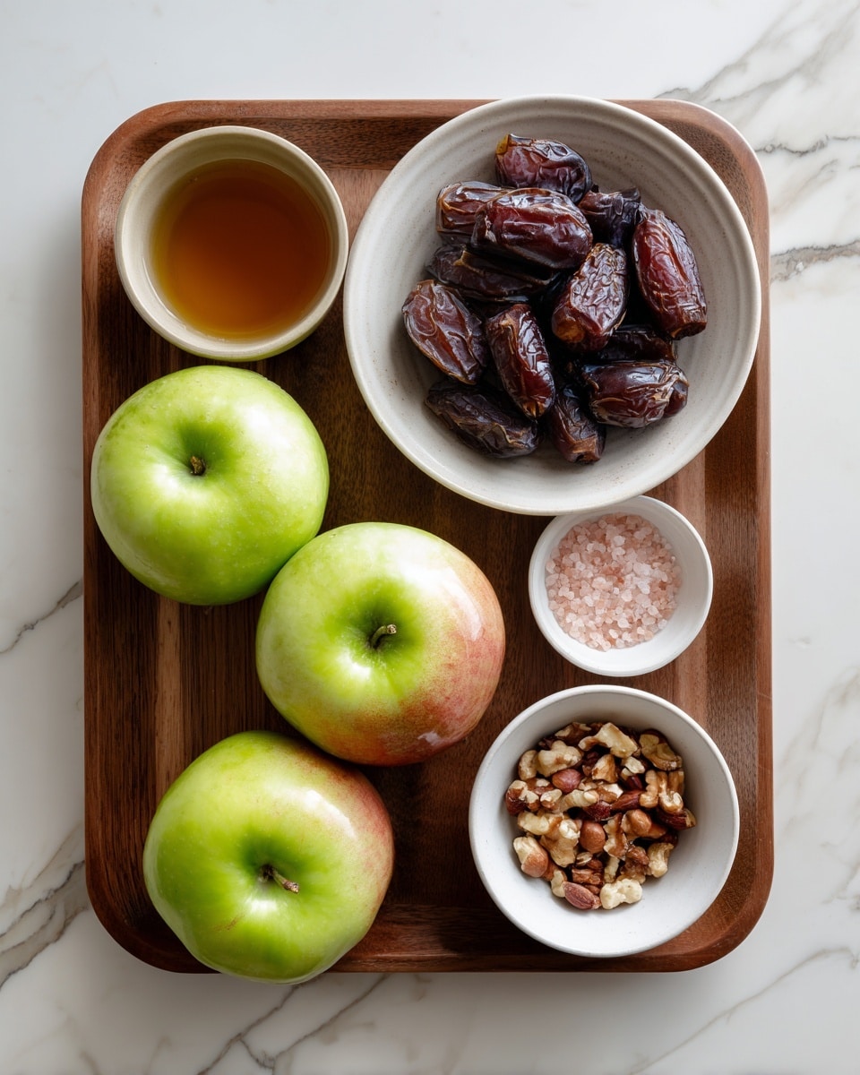A wooden tray holds several dishes on a white marbled surface. On the bottom left, a white plate with two shiny apples, mostly light green with patches of red and a smooth texture. On the top right, a white bowl filled with dark brown, wrinkled dates. Below it, a white bowl with pale brown mixed nuts. To the upper left of the nuts, a small beige bowl holds a dark amber liquid. Above the apples, a small beige bowl contains light pink salt crystals, and next to it is an empty white bowl. The view is from above, showing all items clearly. Photo taken with an iphone --ar 4:5 --v 7