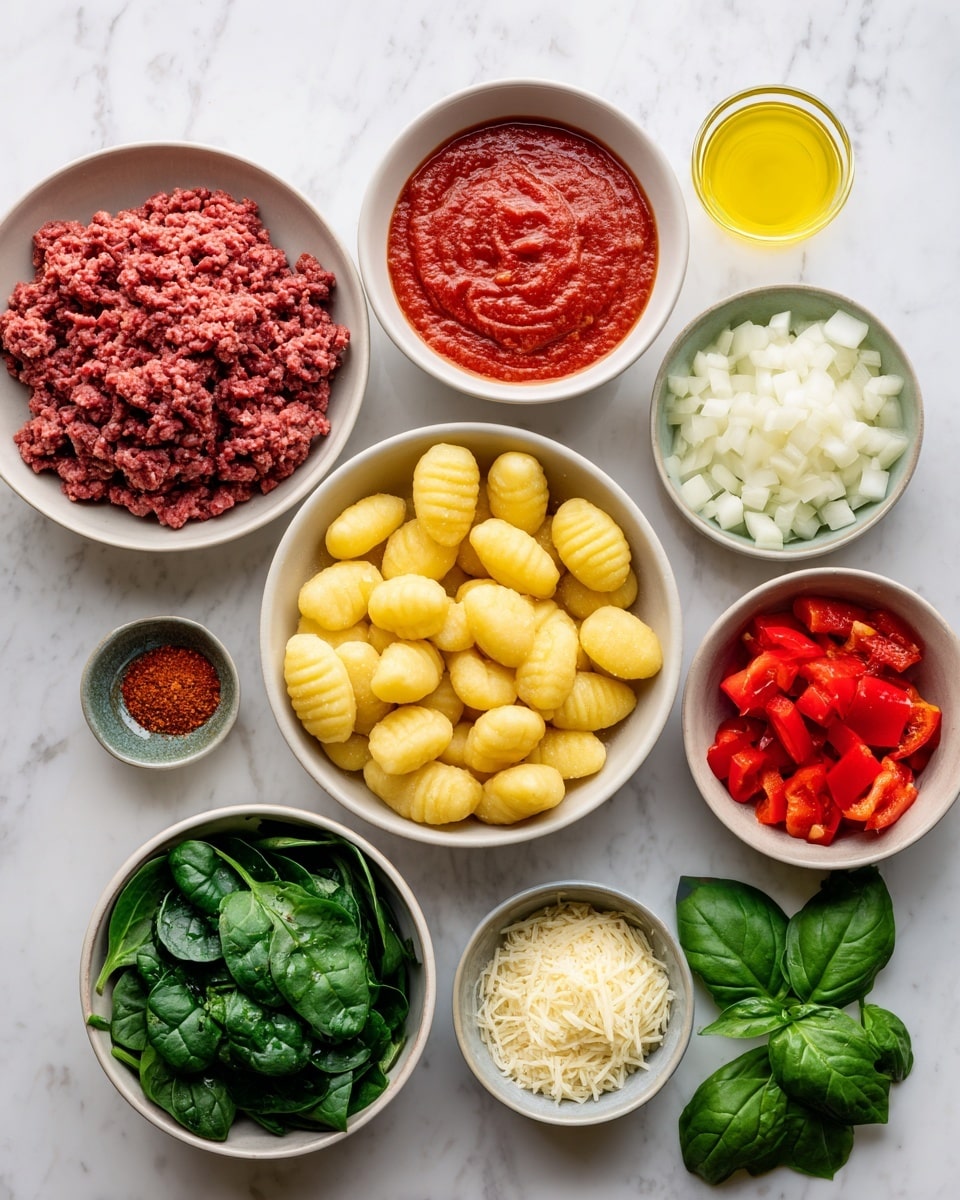 The image shows an overhead view of several white bowls arranged neatly on a white marbled surface, each filled with different fresh ingredients. In the center is a bowl with yellow gnocchi pieces, smooth and slightly ridged. Above it is a bowl with bright red tomato sauce that has a thick texture. To the left of the sauce is a bowl filled with red ground meat that has a coarse texture. Below the gnocchi is a bowl with dark green fresh spinach leaves, smooth and shiny. To the right of the spinach is a bowl with red diced bell peppers, their skin glossy and bright. Next to the peppers is a bowl with small white diced onions, and above it is a bowl with fresh green basil leaves. Near the center is a small bowl with finely chopped garlic that is pale yellow, and a tiny bowl next to that holds red powdered spice. At the bottom left is a small dish with golden olive oil, and to the left of the gnocchi is a bowl with shredded white cheese. The composition is orderly and colorful, showcasing fresh ingredients ready for cooking, photo taken with an iphone --ar 4:5 --v 7