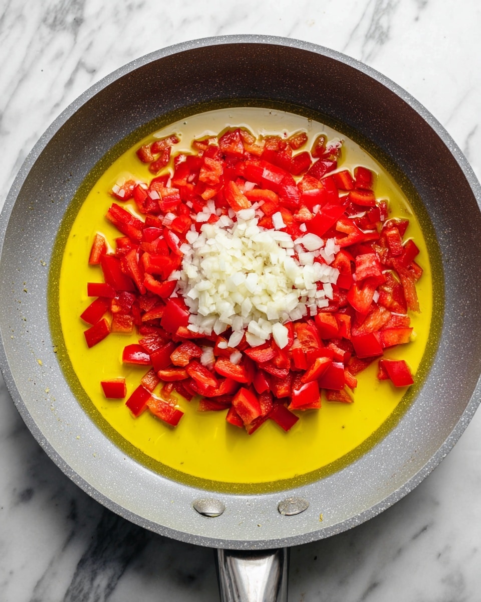 Inside a grey pan on a stove, there are three layers of ingredients. The bottom layer is a pool of yellow oil. On top of this, there is a layer of roughly chopped red bell pepper pieces spread in a circle around the pan. The top layer is a small pile of finely chopped white onion and minced garlic placed in the center of the red bell peppers. The background is a white marbled surface. photo taken with an iphone --ar 4:5 --v 7