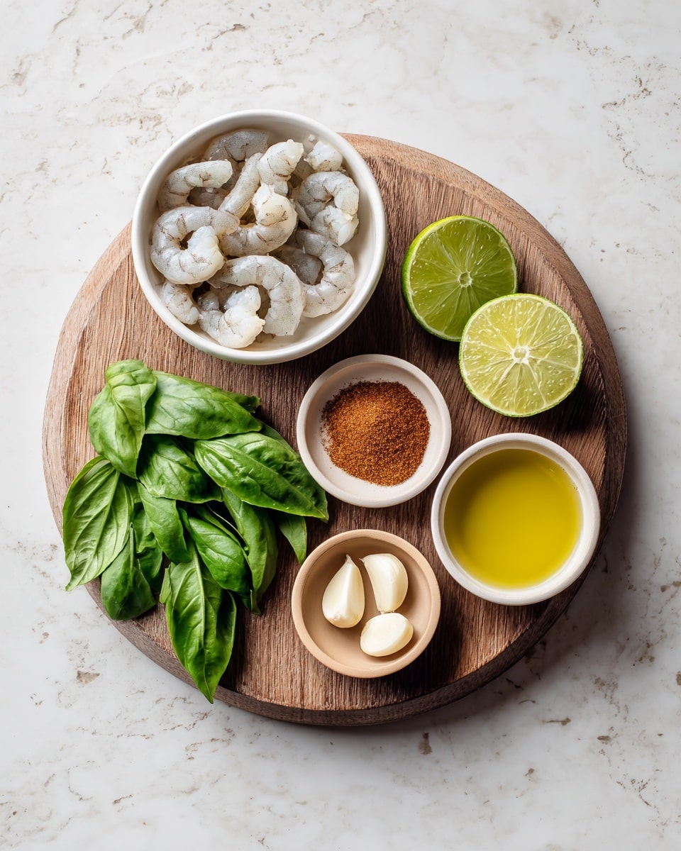 The image shows a top view of a wooden board with seven items placed neatly: on the top left, a white bowl filled with raw, peeled shrimp, pale gray with dark stripes; to its right, a white bowl holding half of a bright green lime, cut side up; in the center, a small beige bowl with a brownish-red powder, appearing fine and dry; below and slightly left, three peeled garlic cloves, creamy white and smooth; to the right of the garlic, a white bowl with yellow olive oil, shiny and liquid; to the bottom left, fresh, deep green basil leaves with smooth texture and veins visible; lastly, to the bottom right, a small beige bowl with a small amount of light brown liquid, likely vinegar. The board rests on a white marbled surface. photo taken with an iphone --ar 4:5 --v 7