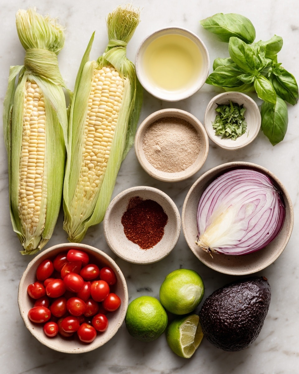 The image shows several ingredients arranged on a white marbled surface: three ears of corn with green husks are on the top left; a white small bowl with light yellow liquid next to a small white bowl with a green herb leaf; a small beige bowl with ground brown spice and a small beige bowl with reddish-brown powder; a whole green lime, a white bowl holding half of a red onion with white and purple layers; a white bowl with a red bell pepper; a white bowl filled with red cherry tomatoes; a bowl with green basil leaves; and a whole dark purple avocado at the bottom right. Photo taken with an iphone --ar 4:5 --v 7