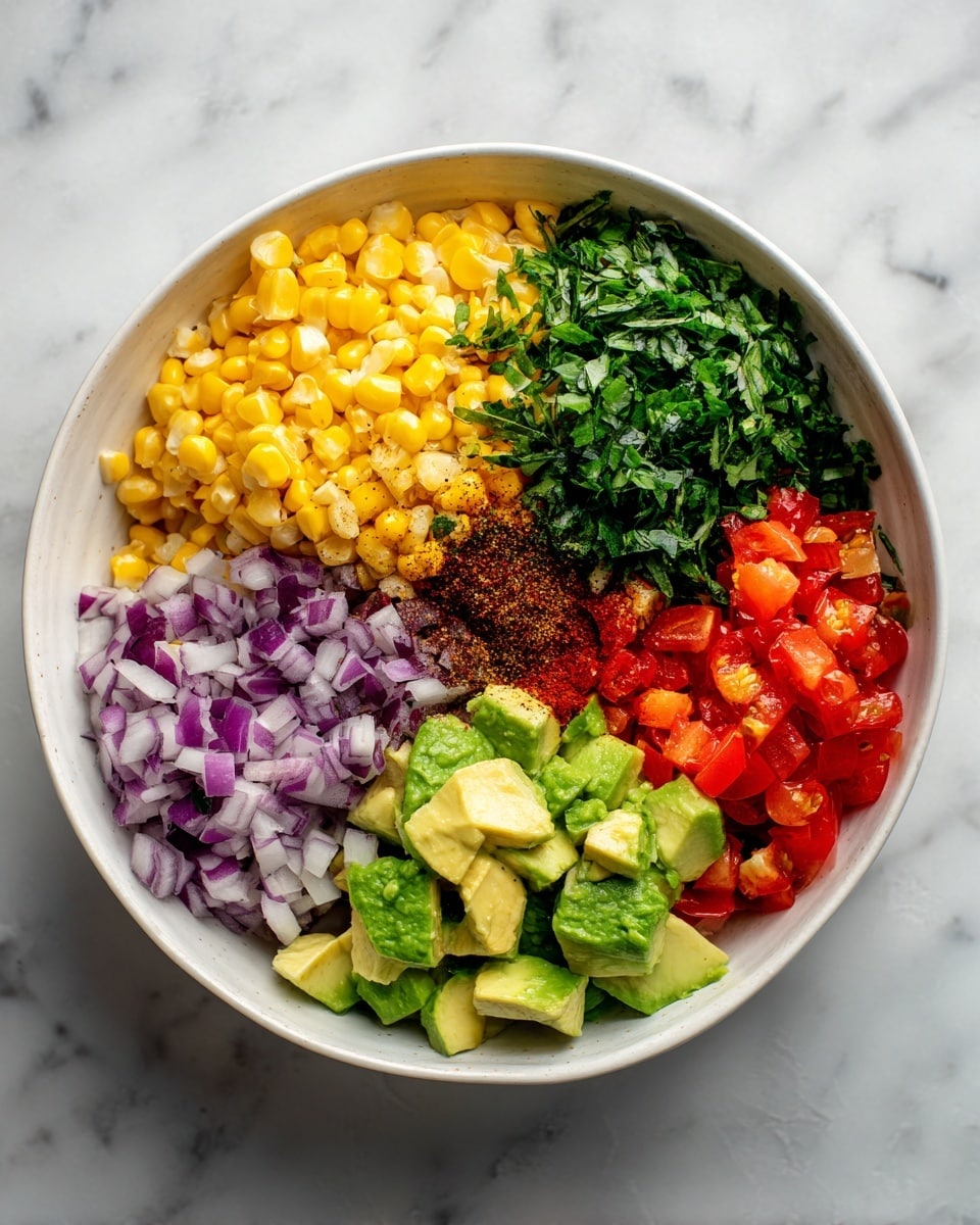 A white bowl filled with six separate fresh layers of ingredients arranged in sections: bright yellow corn kernels in the top right, finely chopped dark green leafy herbs in the upper center, small diced red tomatoes to the right of the herbs, finely chopped purple onions in the lower left, bright red diced bell peppers in the upper left, and large chunks of light green avocado in the bottom center. In the middle of the bowl is a small pile of dark brown spice. The bowl sits on a white marbled surface. photo taken with an iphone --ar 4:5 --v 7