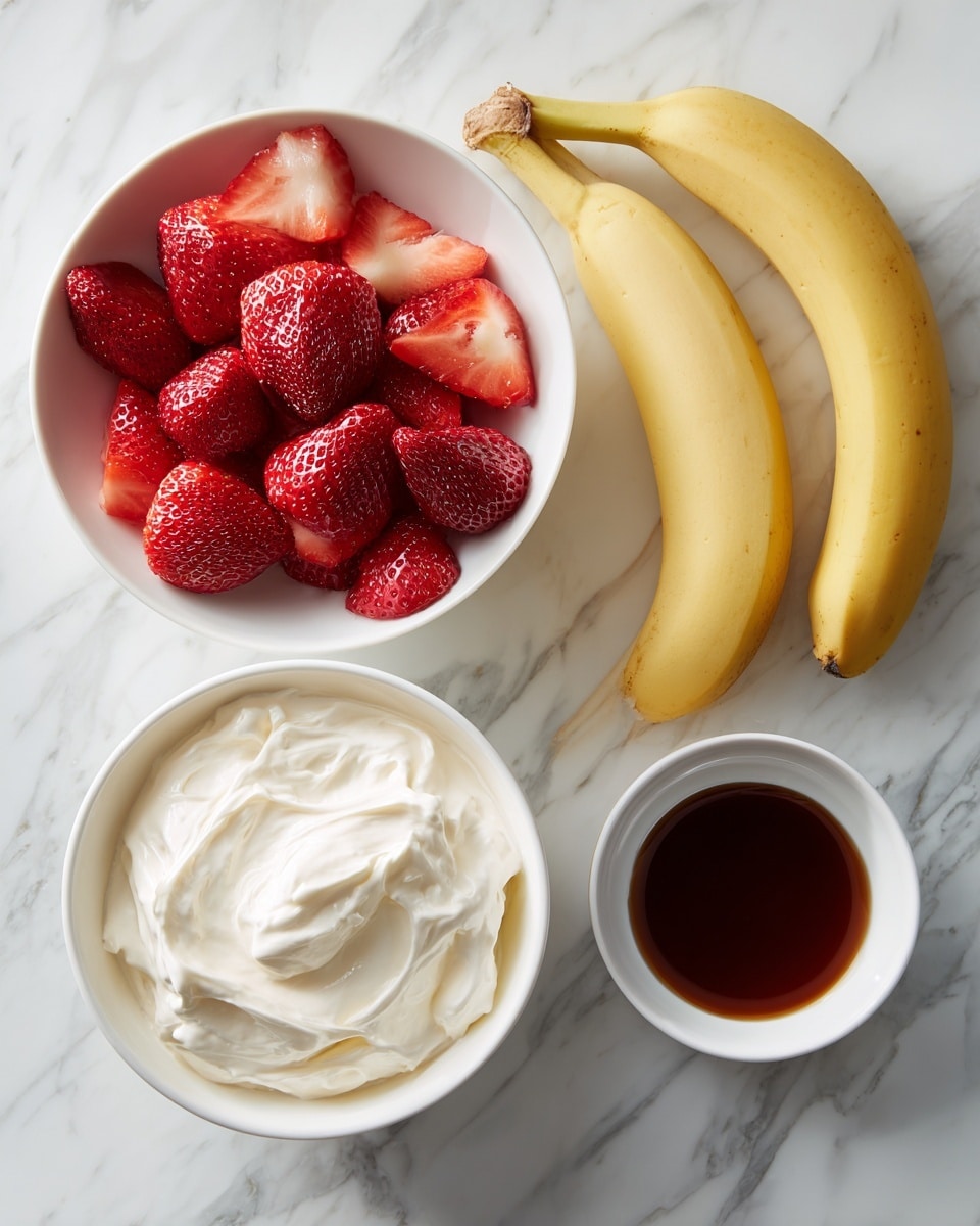 Two yellow bananas lie side by side on the top right corner of a surface with white marbled texture. Below them, there are two white bowls: one filled with fresh, halved ripe red strawberries with glossy textures, and the other holding a thick, white creamy substance that looks smooth and fluffy. Next to the bowl of whipped cream, there is a small white bowl containing dark brown liquid resembling vanilla extract. The arrangement is clean and bright. photo taken with an iphone --ar 4:5 --v 7
