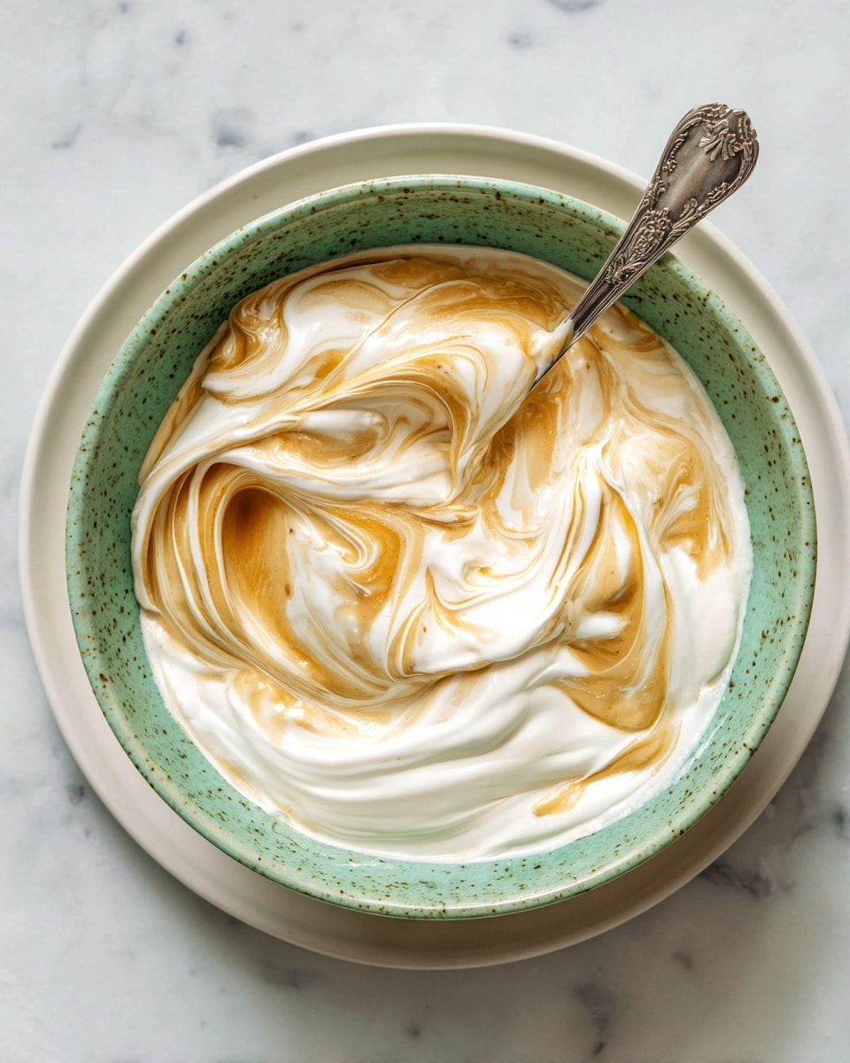 A bowl filled with two main layers: a thick white creamy layer swirled with a light brown sauce, giving a marbled look with soft folds and peaks throughout. The bowl is a speckled green ceramic set on a white plate, placed on a white marbled surface. A detailed silver spoon rests inside the bowl, partially covered in the creamy mixture, adding texture and depth to the visual. Photo taken with an iphone --ar 4:5 --v 7